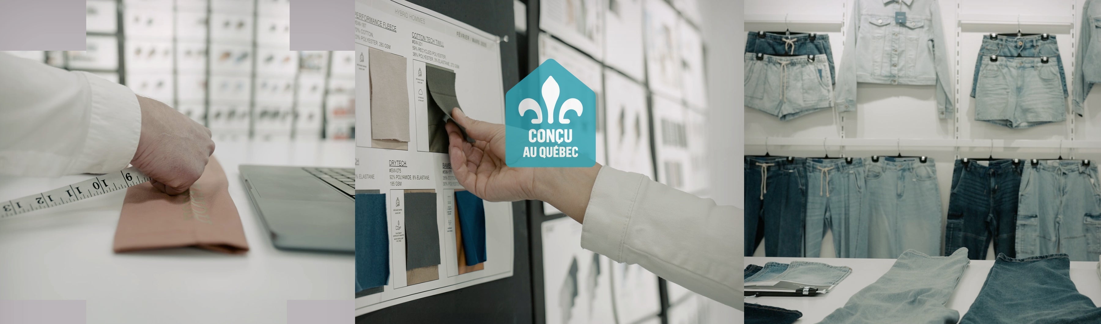 Conception, sélection de tissus et vêtements en magasin certifiés Conçu au Québec chez Aubainerie