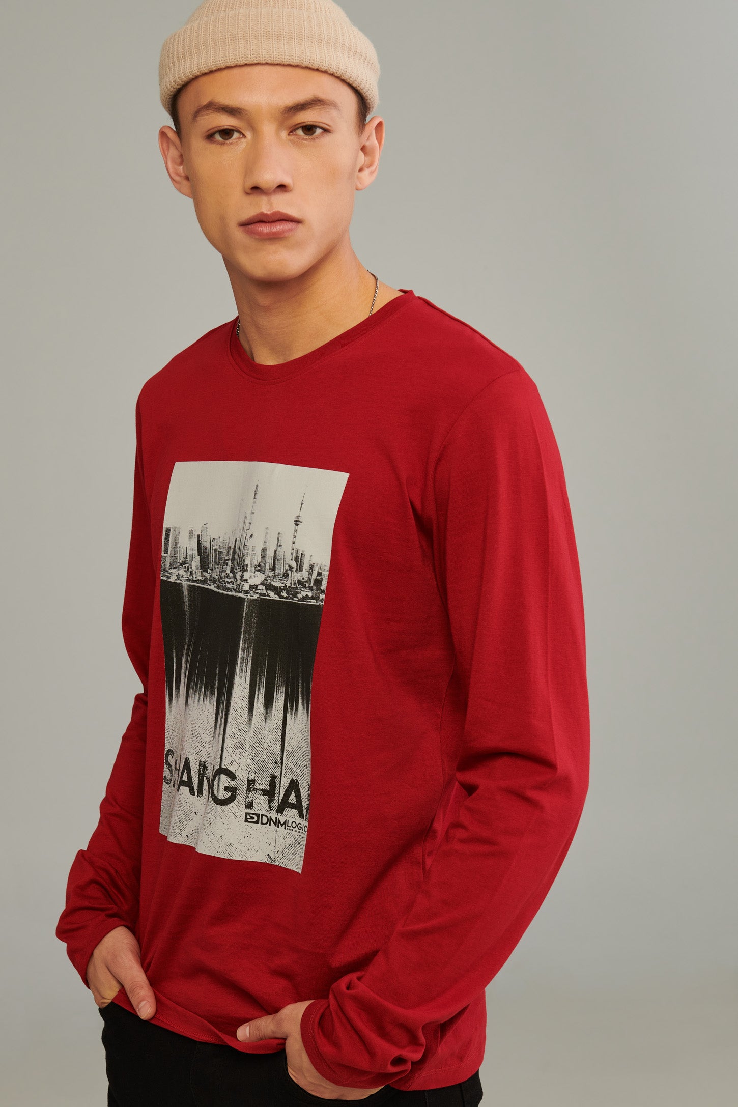 Chandail manches longues imprimé, coton bio - Homme && ROUGE