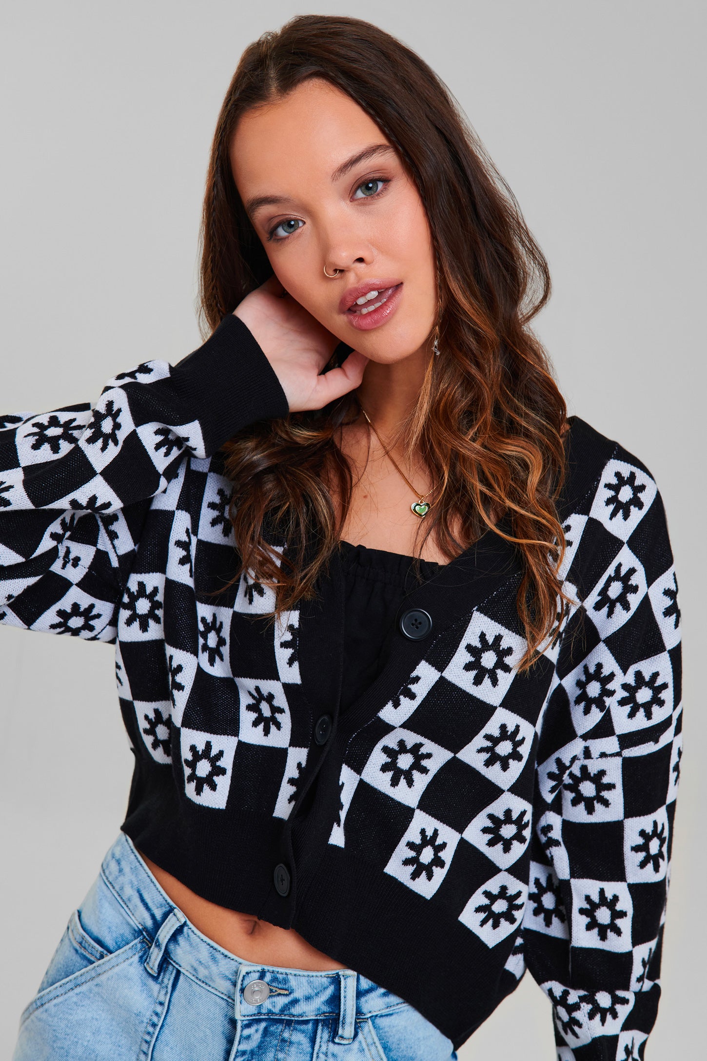 Cardigan court en tricot Jacquard - Femme && NOIR/MULTI