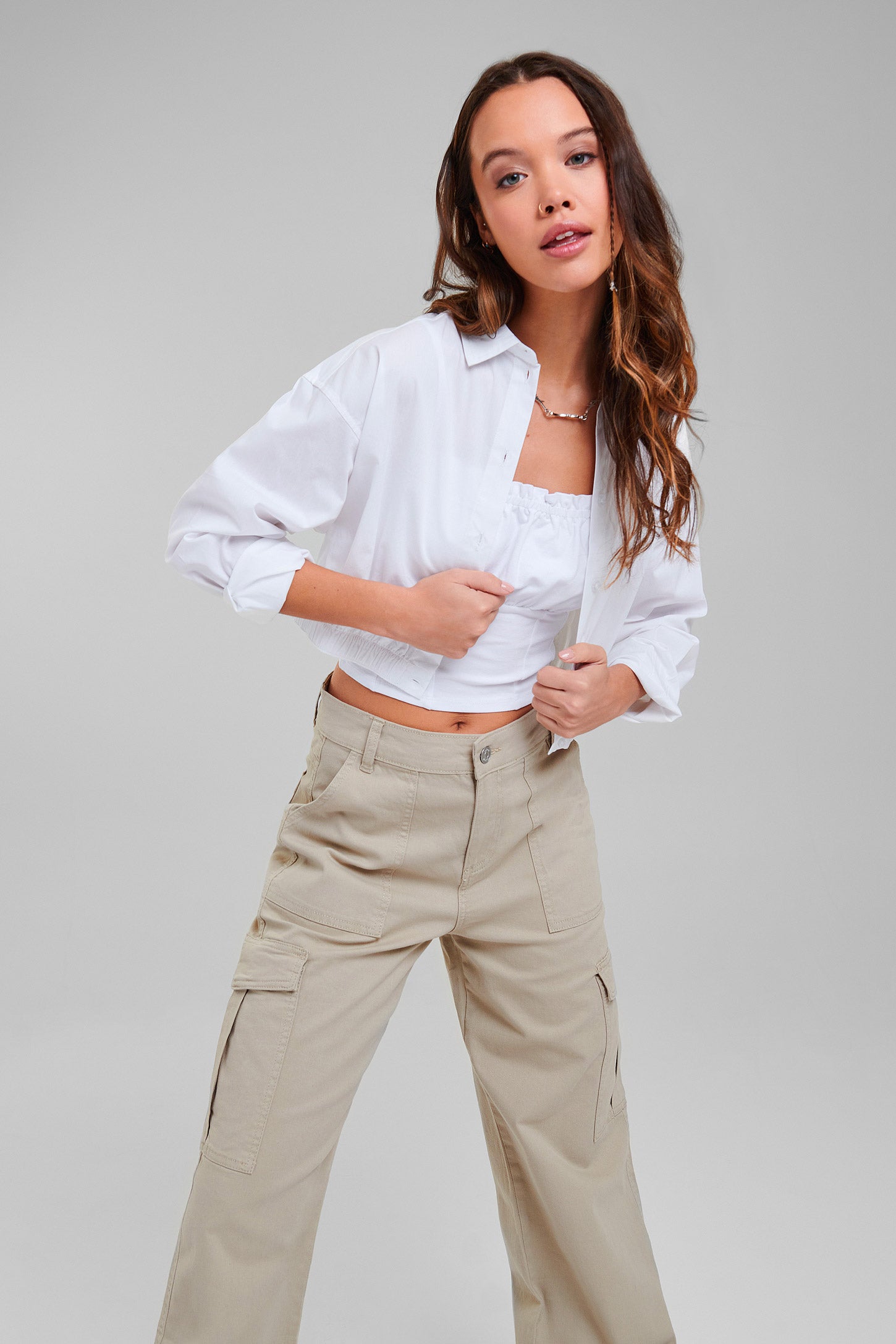 Chemisier écourté taille élastique - Femme && BLANC