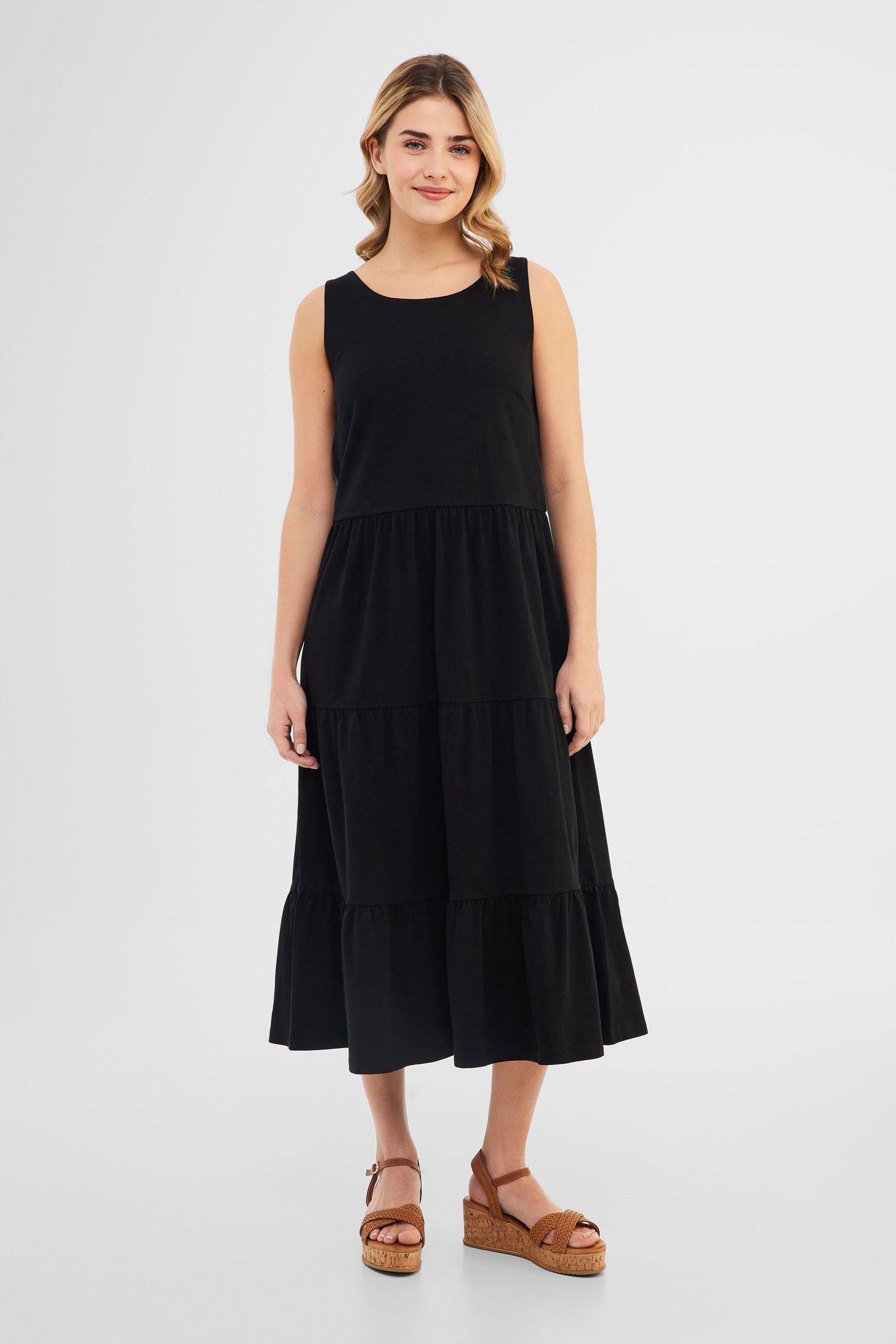 Robe longue à volants étagés - Femme && NOIR