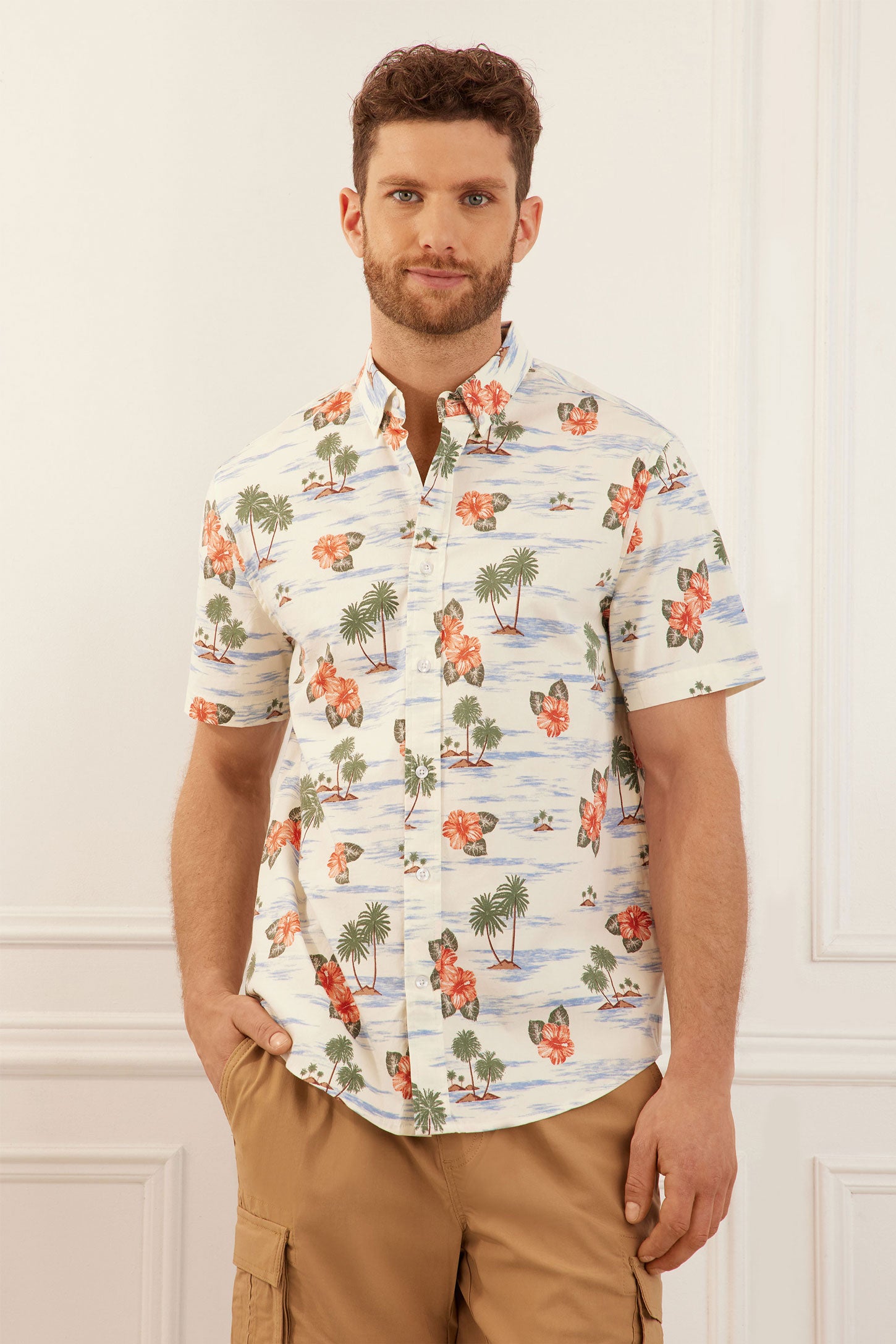 Chemise manches courtes imprimée en coton - Homme && BLANC CASSÉ/MULTI