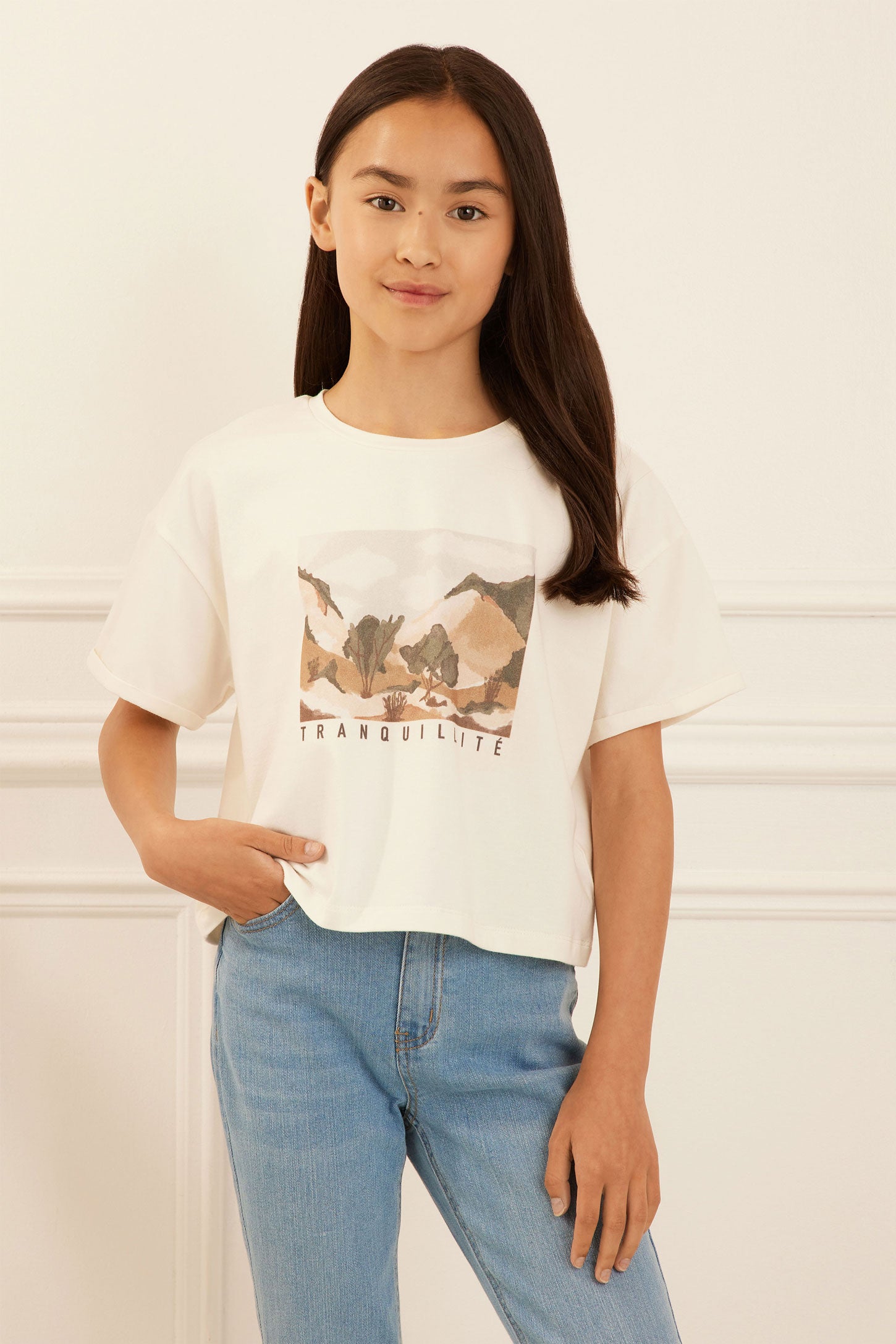 T-shirt imprimé ample et écourté - Ado fille && BLANC
