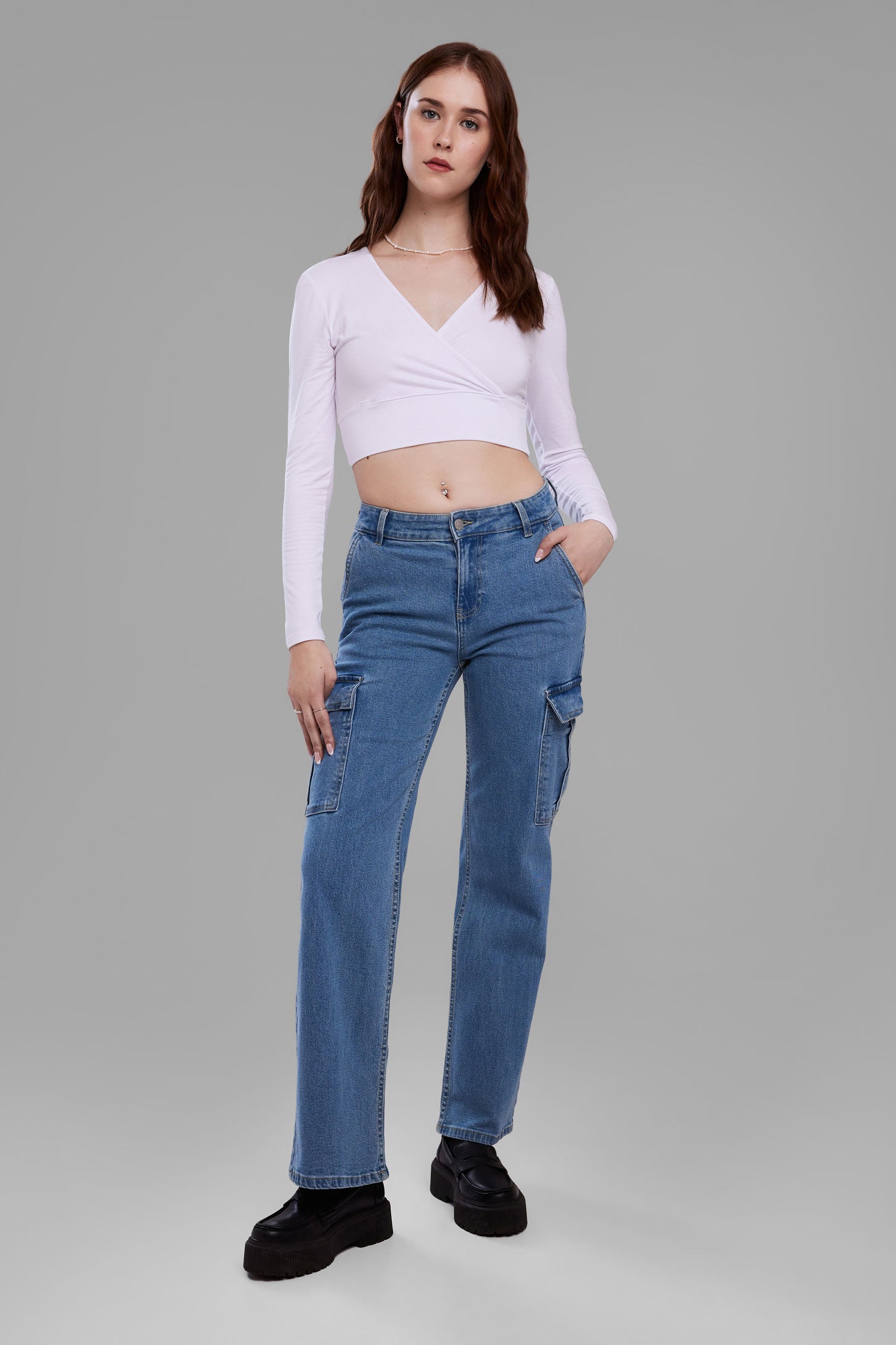 Womens High Waisted Cargo Jeans Straight Wide Leg Denim Pants