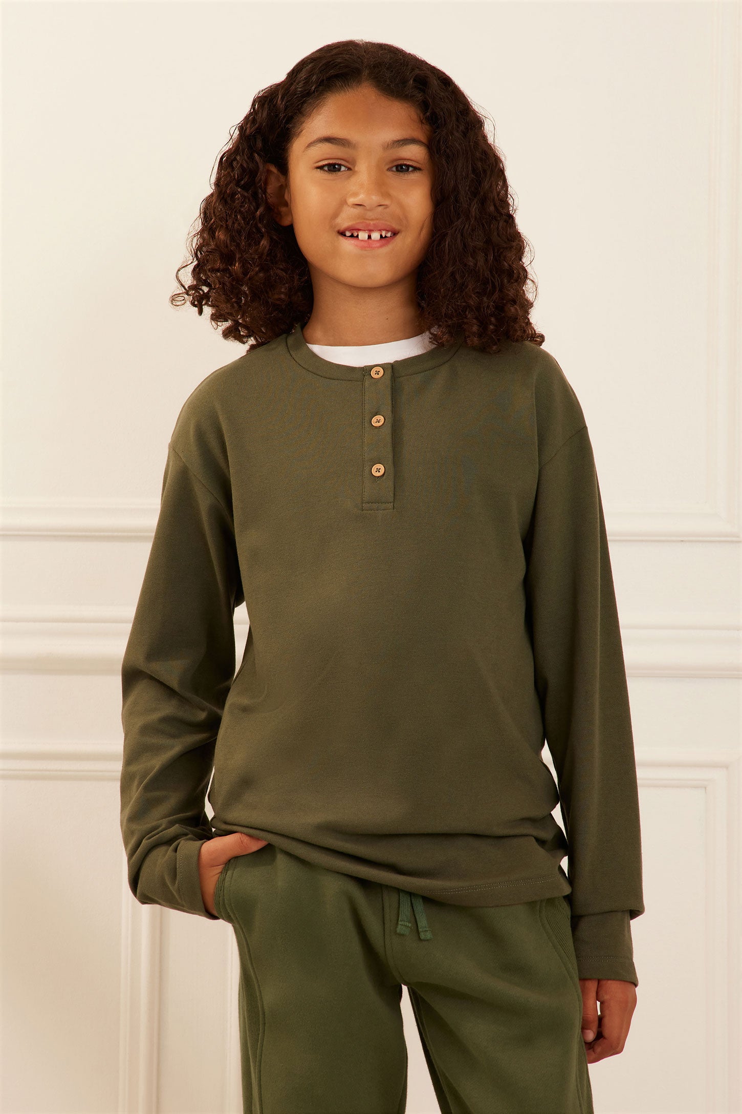 Chandail Henley manches longues en coton - Ado garçon && KAKI