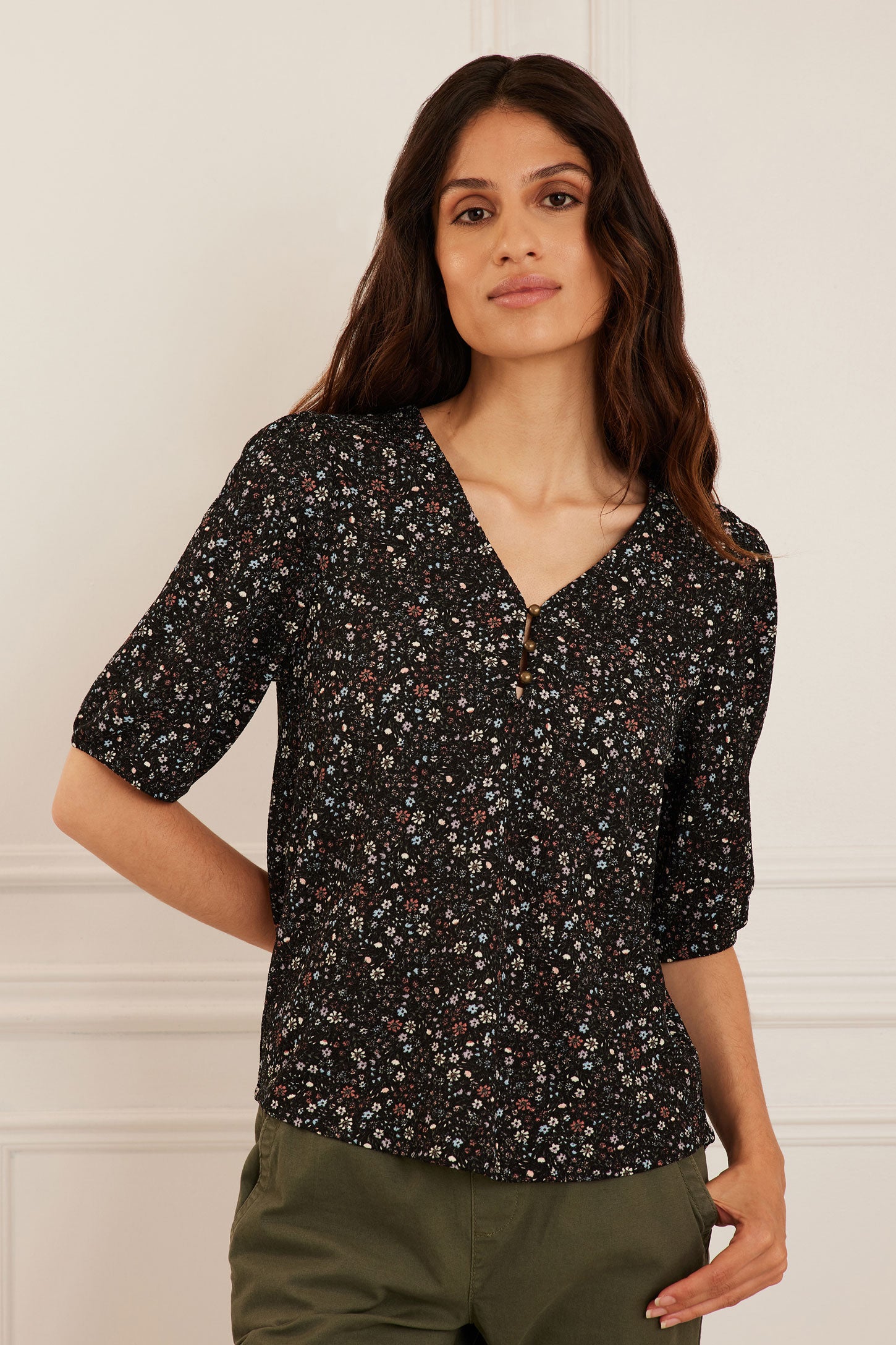 Chandail manches 3/4 bouffantes imprimé floral - Femme && NOIR/MULTI