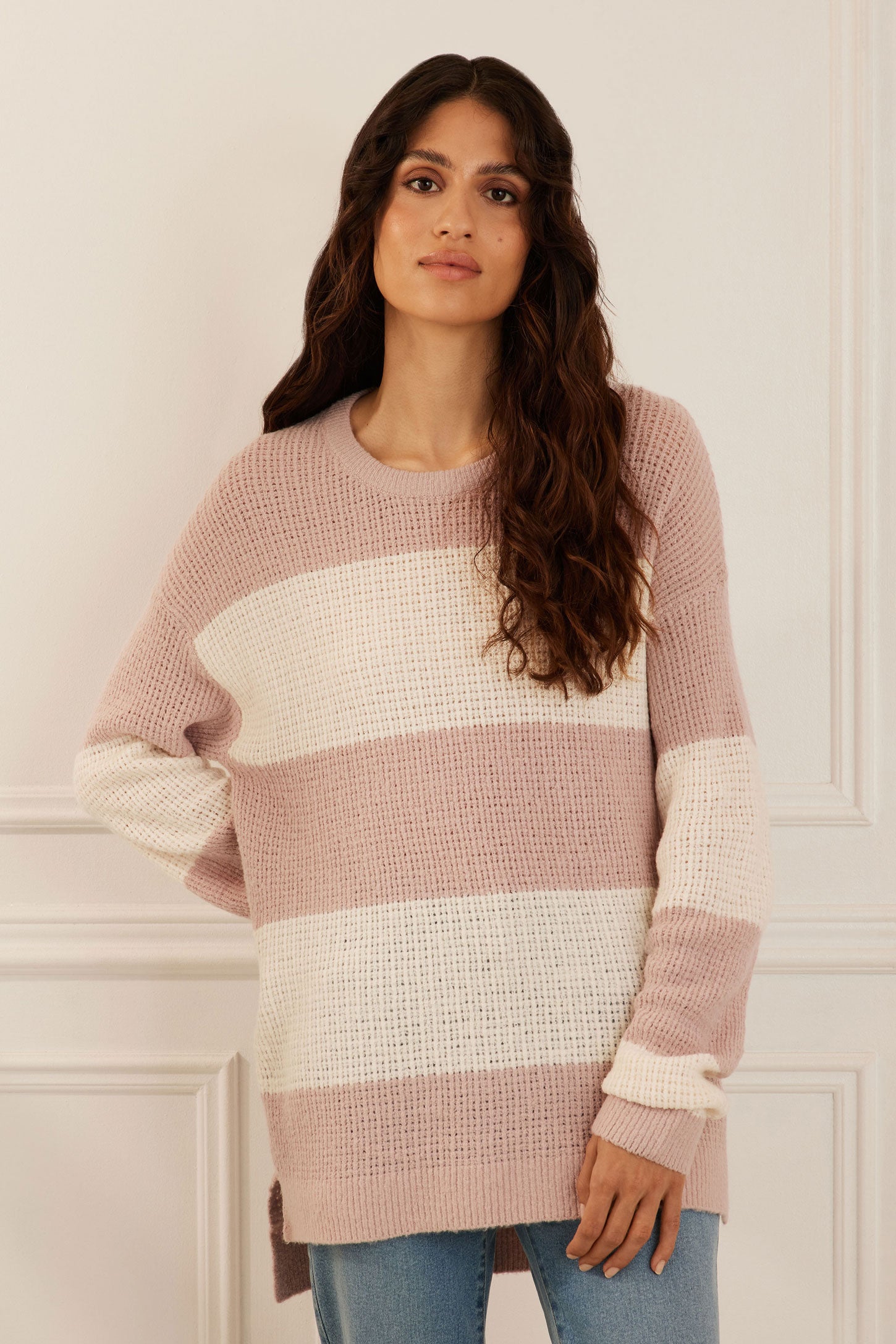Chandail tricot col rond rayé - Femme && LILAS MULTI
