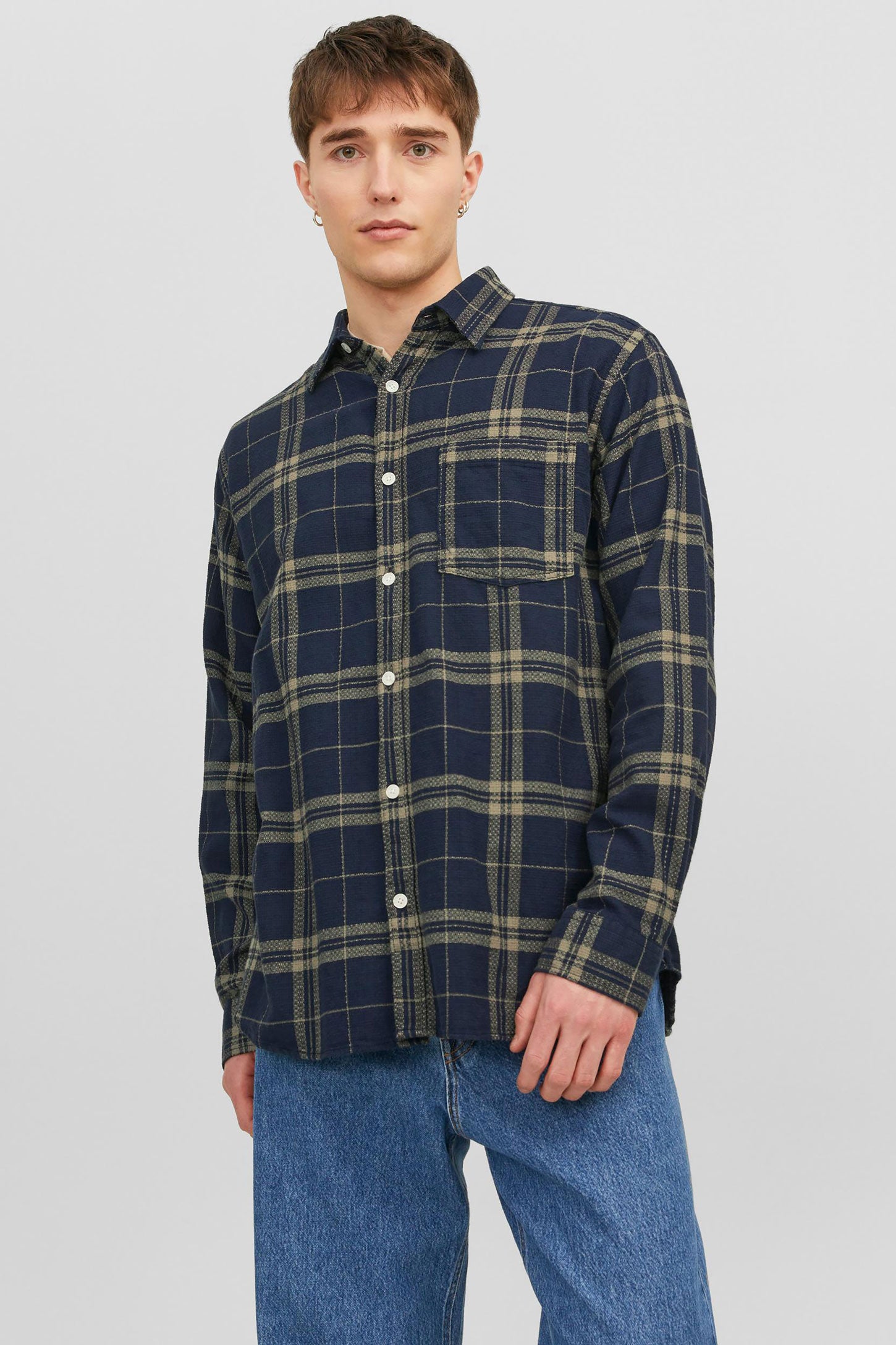 Chemise à carreaux en coton JACK & JONES - Homme && MARIN