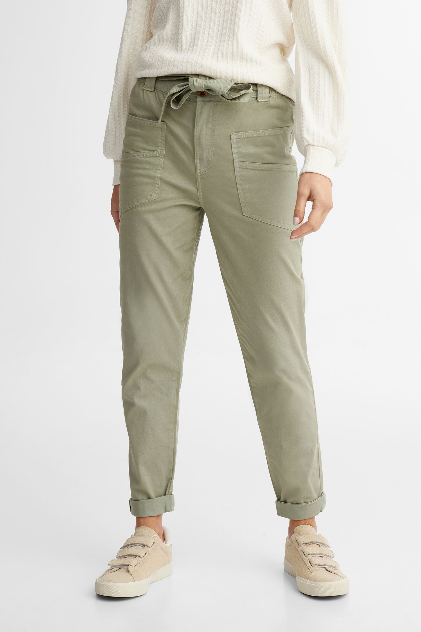 Pantalon ceinture nouée coupe ajustée - Femme && KAKI