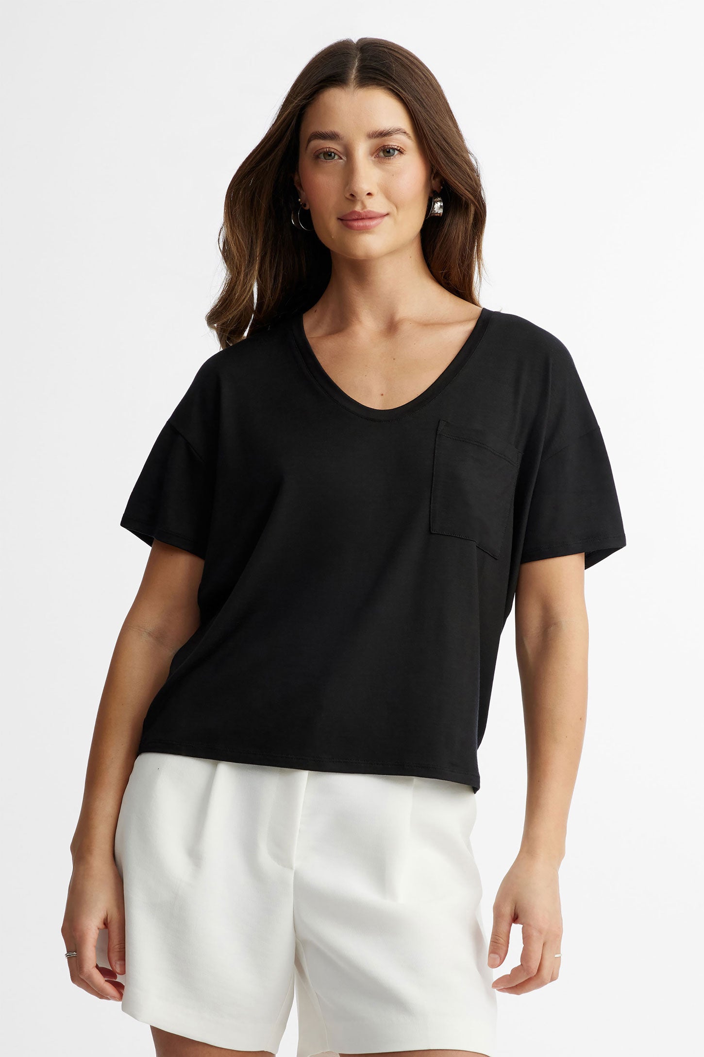 T-shirt col en U en Lyocell - Femme && NOIR