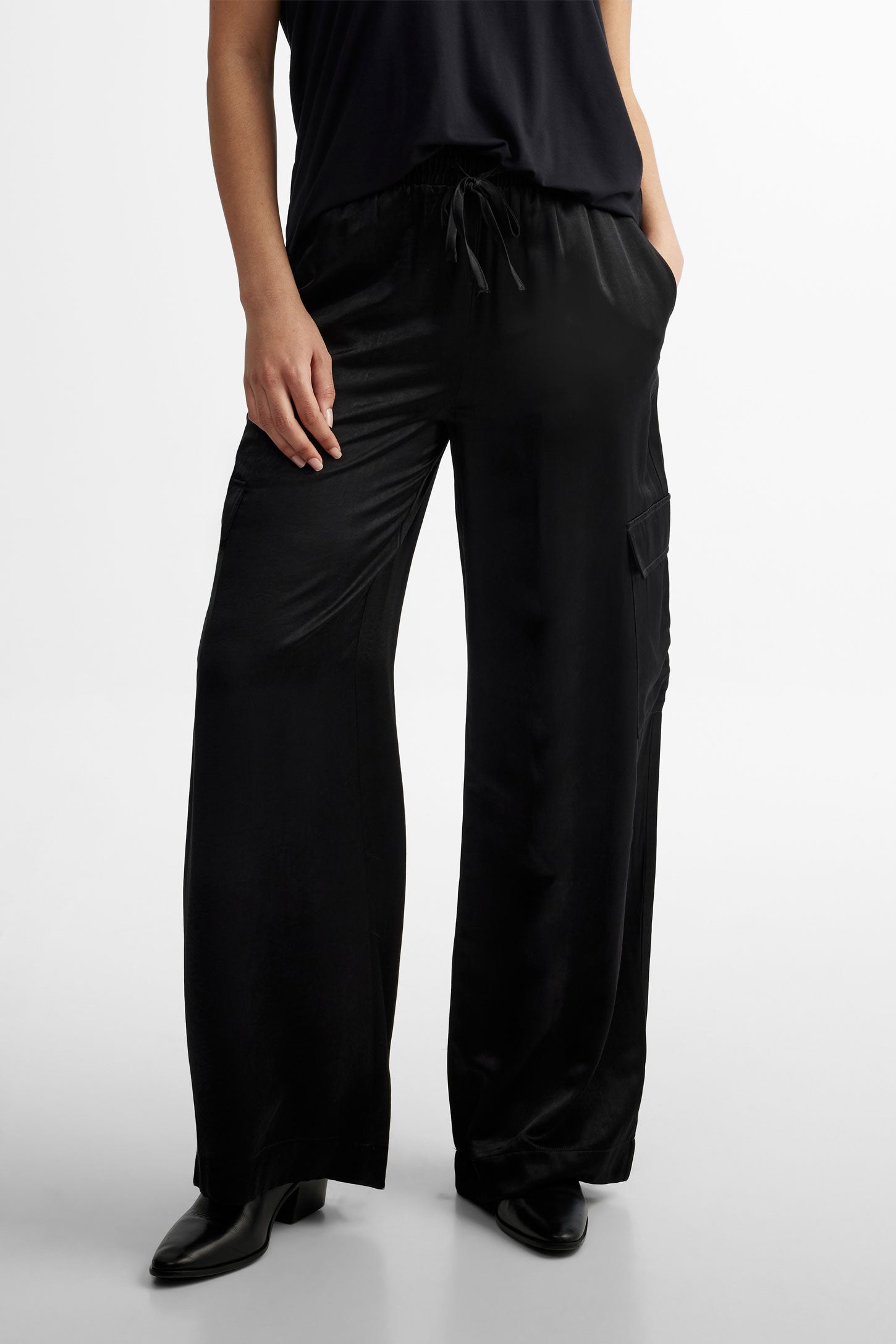 Pantalon cargo jambe évasée satin - Femme && NOIR