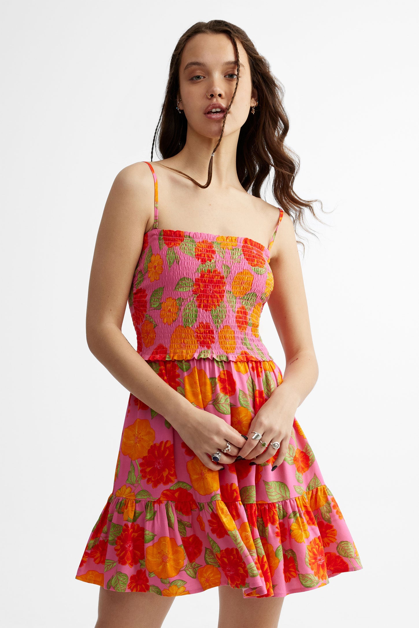 Robe courte à bretelles volants étagés - Femme && ROSE MULTI