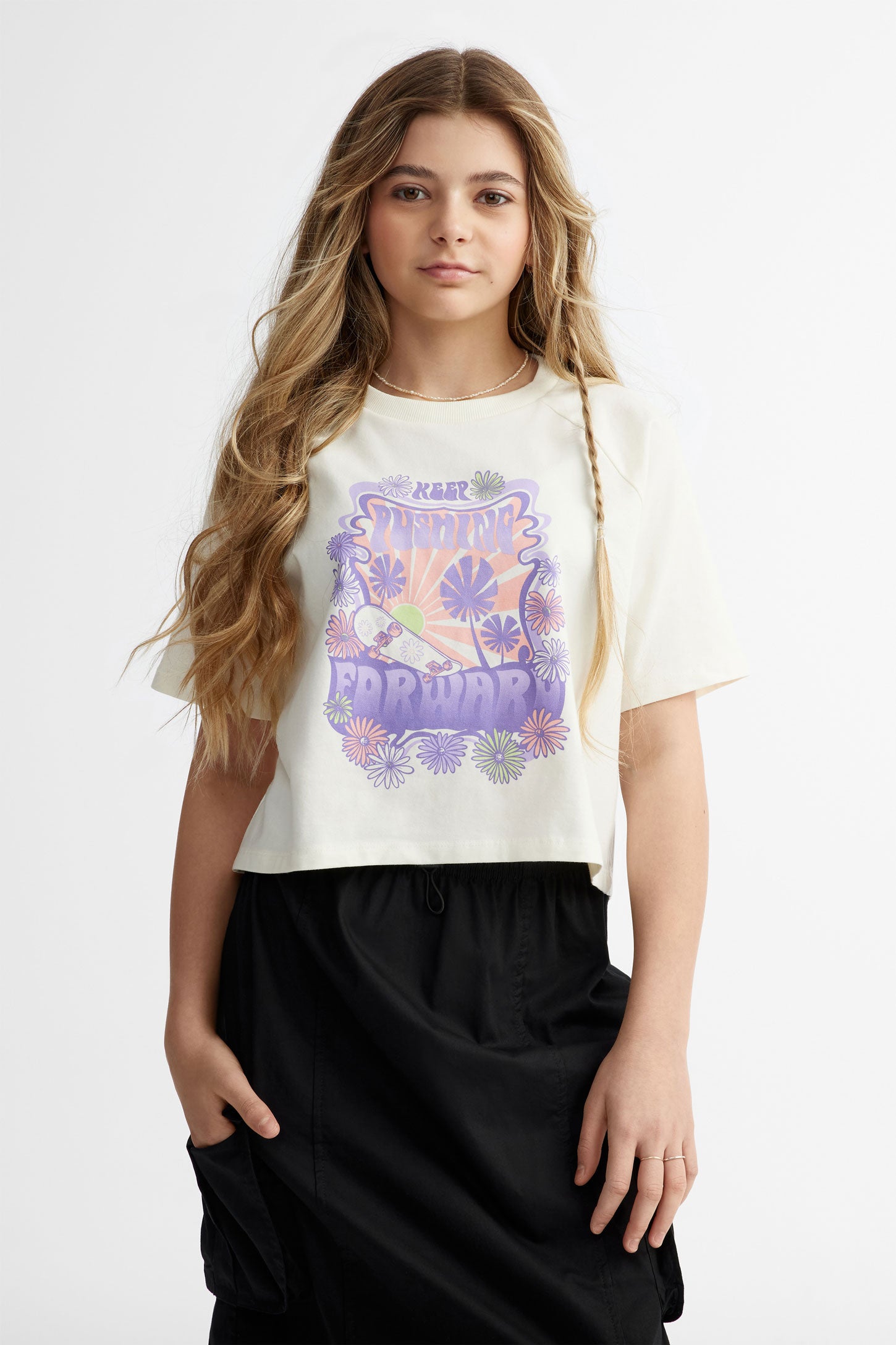T-shirt écourté imprimé en coton - Ado fille && IVOIRE