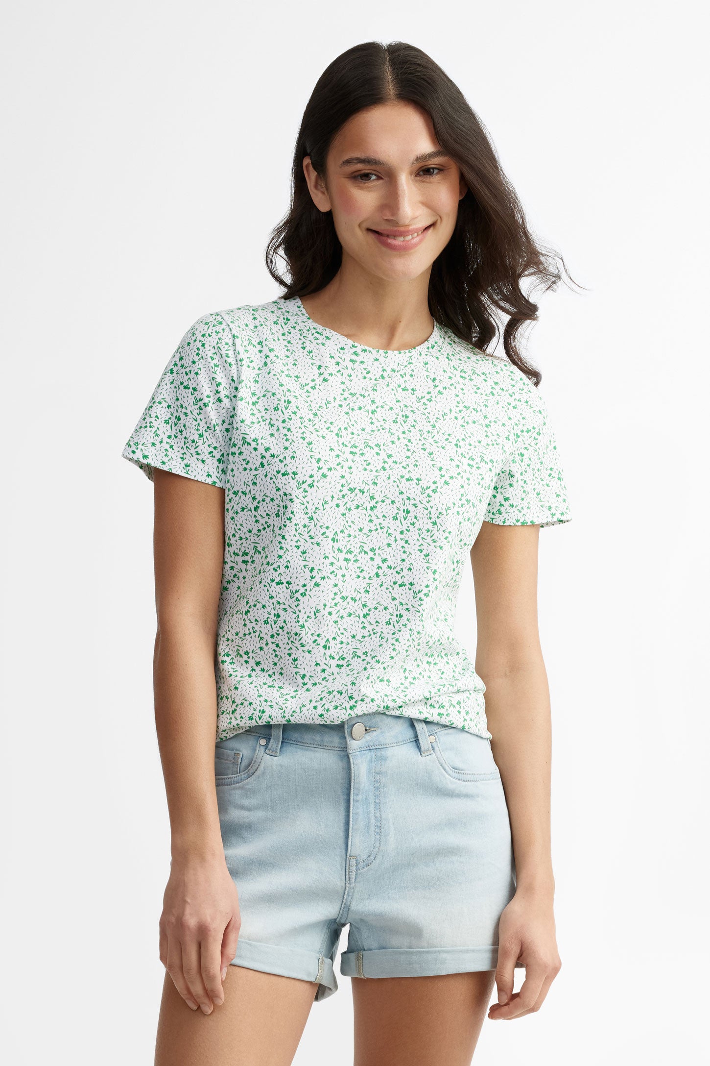 T-shirt col rond coupe semi-ajustée en coton - Femme && BLANC MULTI