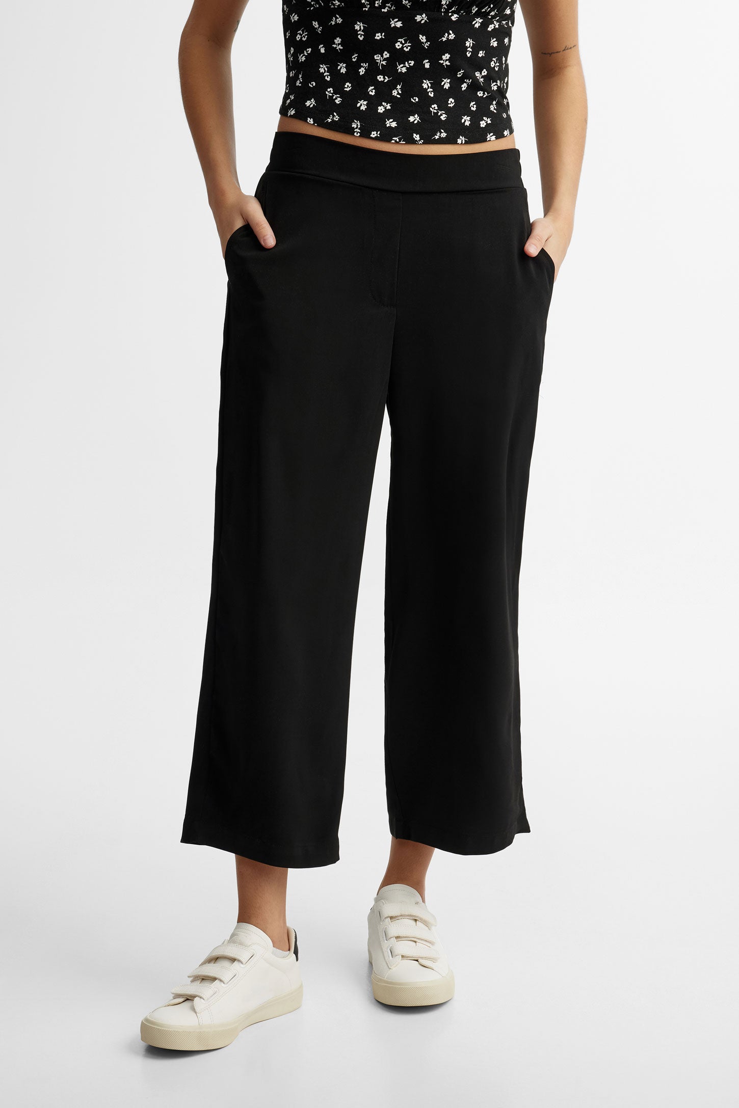 Capri taille élastique jambe large - Femme && NOIR