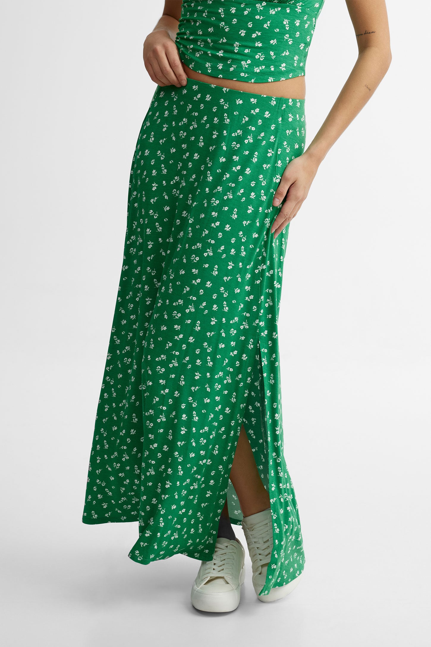 Jupe longue avec fente imprimé floral - Femme && VERT/MULTI