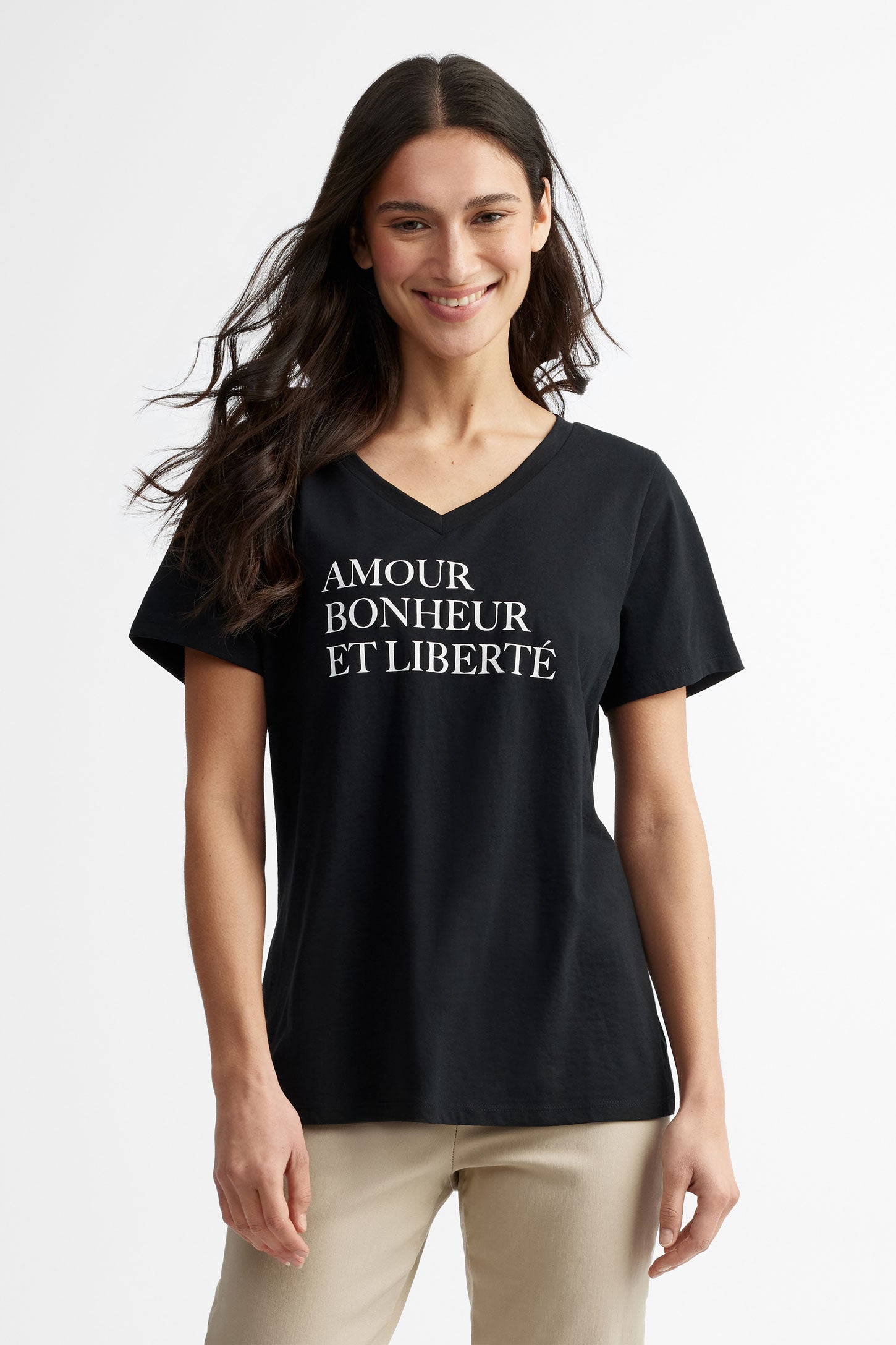 T-shirt col en V coupe semi-ajustée en coton, 2/30$ - Femme && NOIR