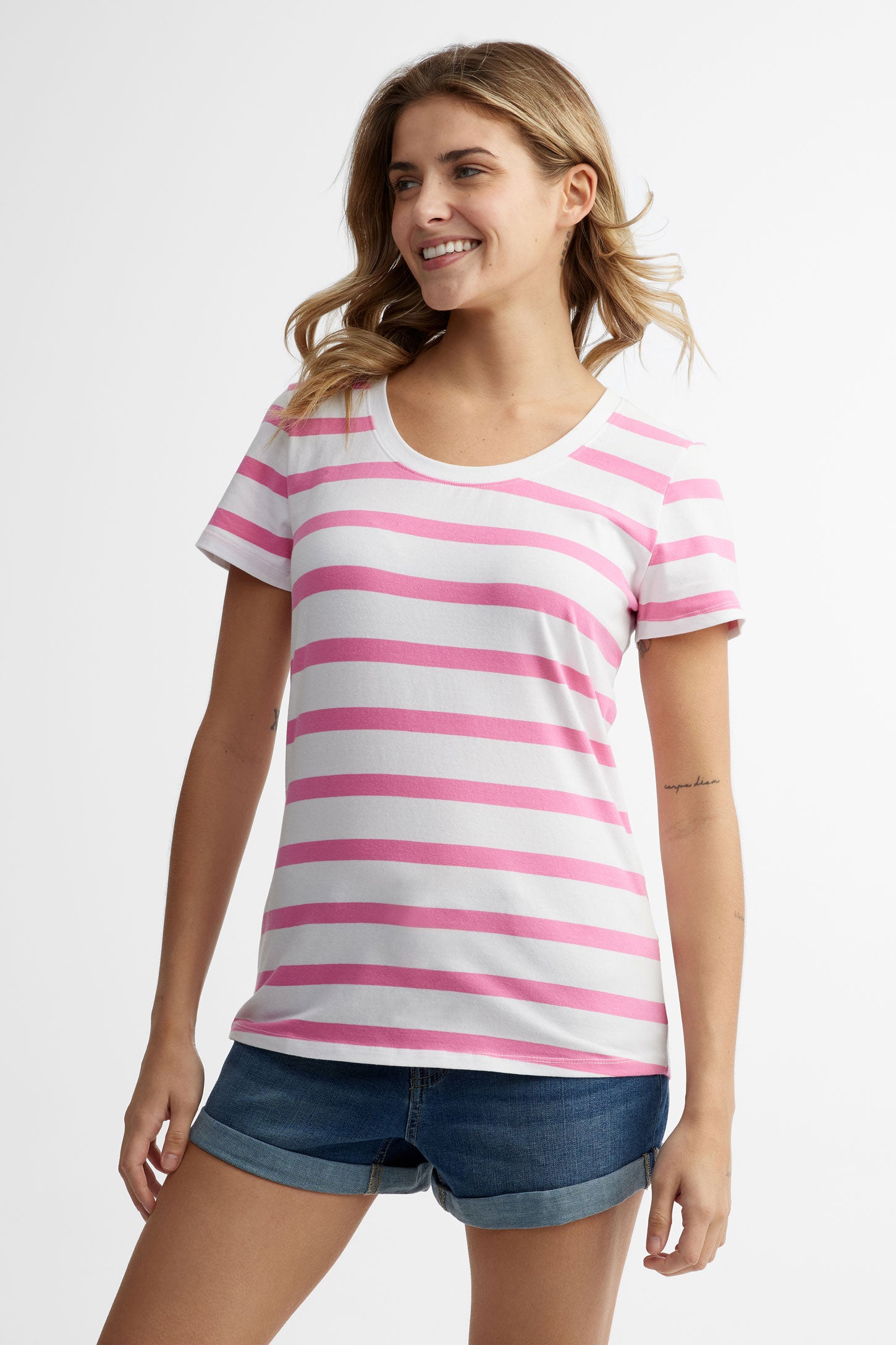 T-shirt col en U coupe semi-ajustée en coton - Femme && BLANC MULTI