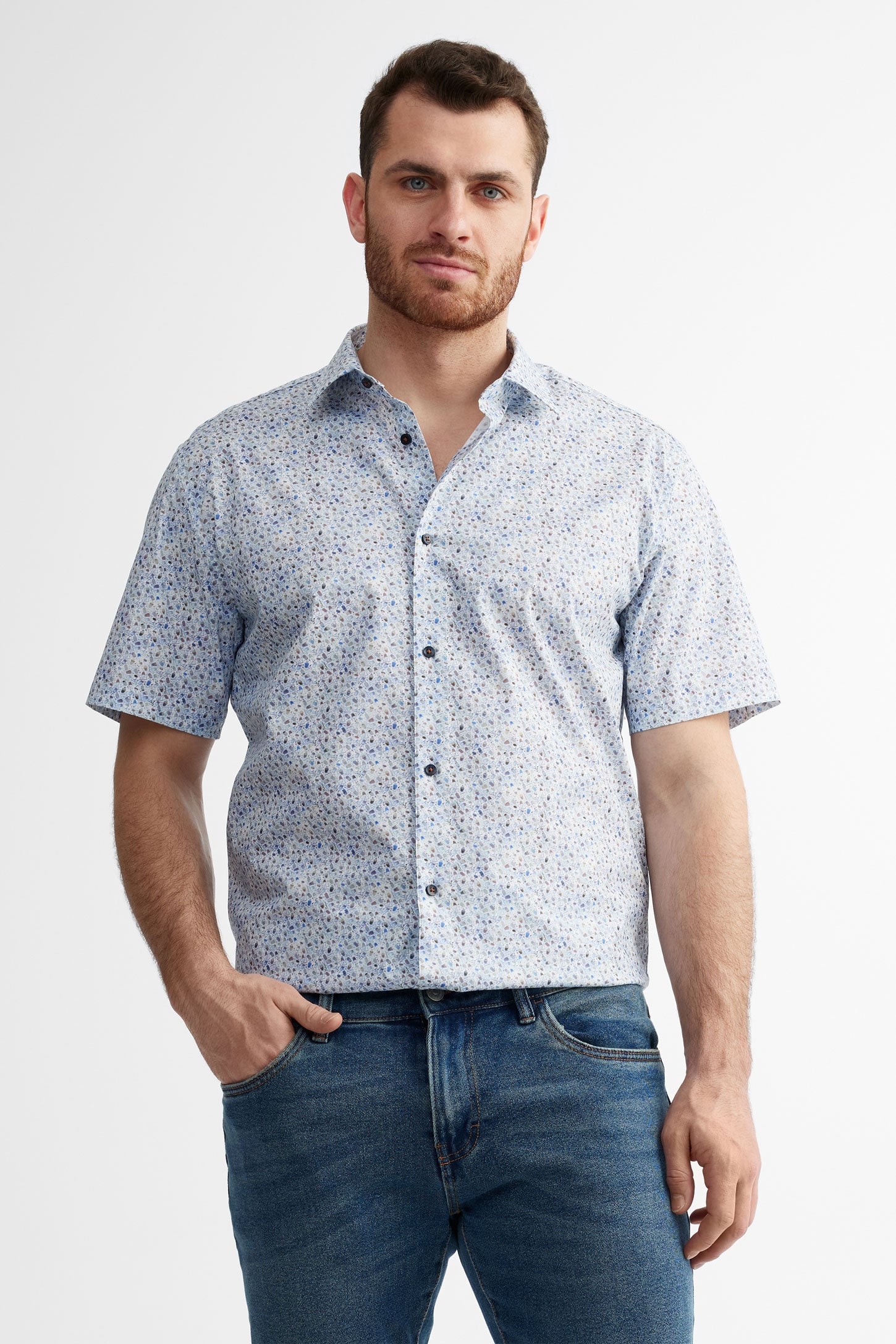 Chemise manches courtes habillé en coton - Homme && BLEU MULTI