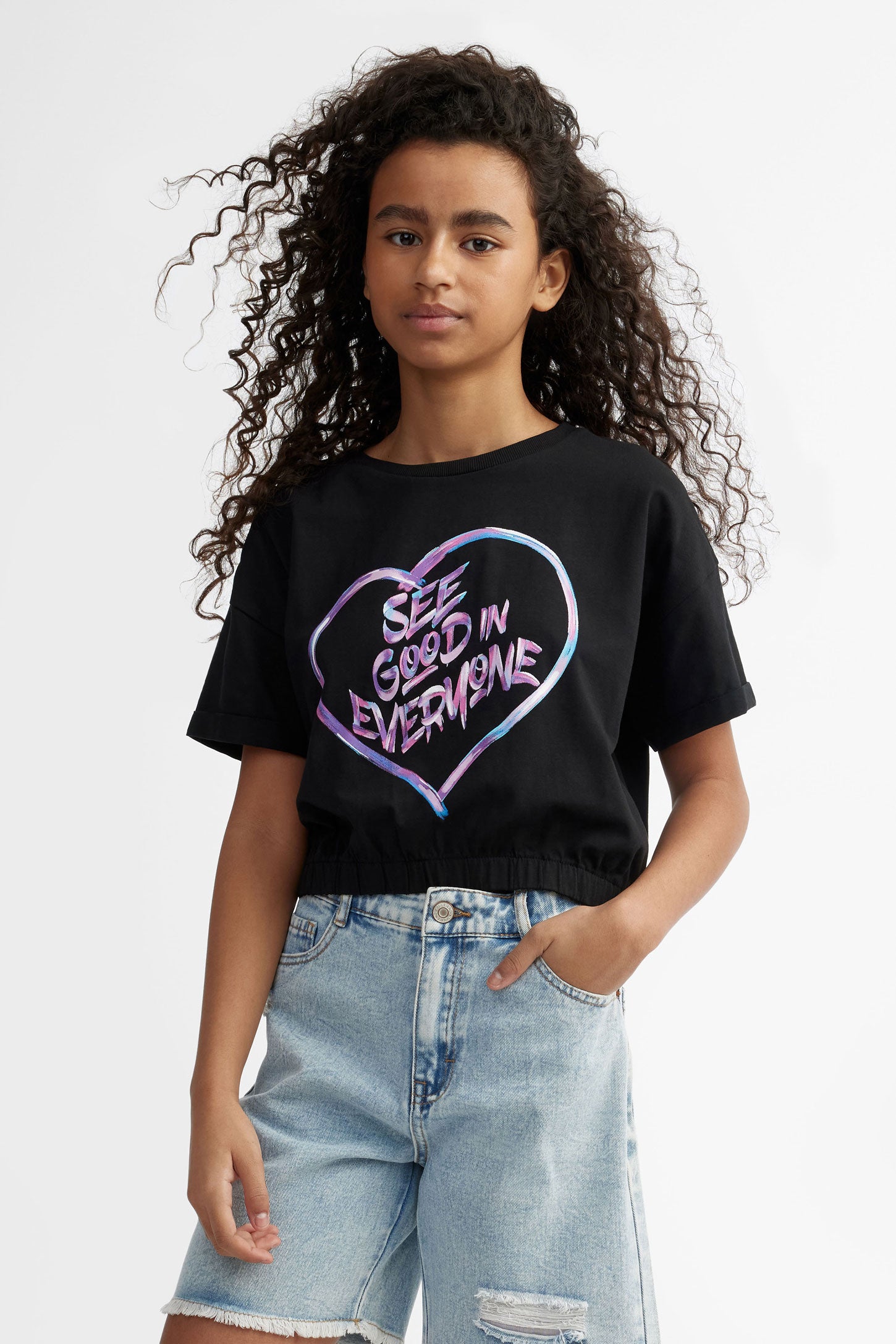 T-shirt coupe écourtée ourlet élastique coton - Ado fille && NOIR