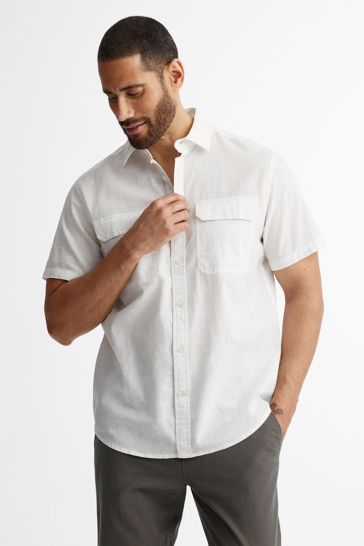 Chemise manches courtes en lin - Homme && BLANC