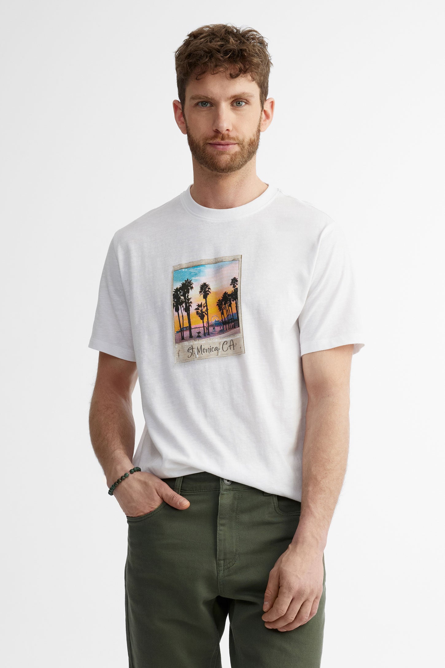 T-shirt col rond imprimé en coton - Homme && BLANC