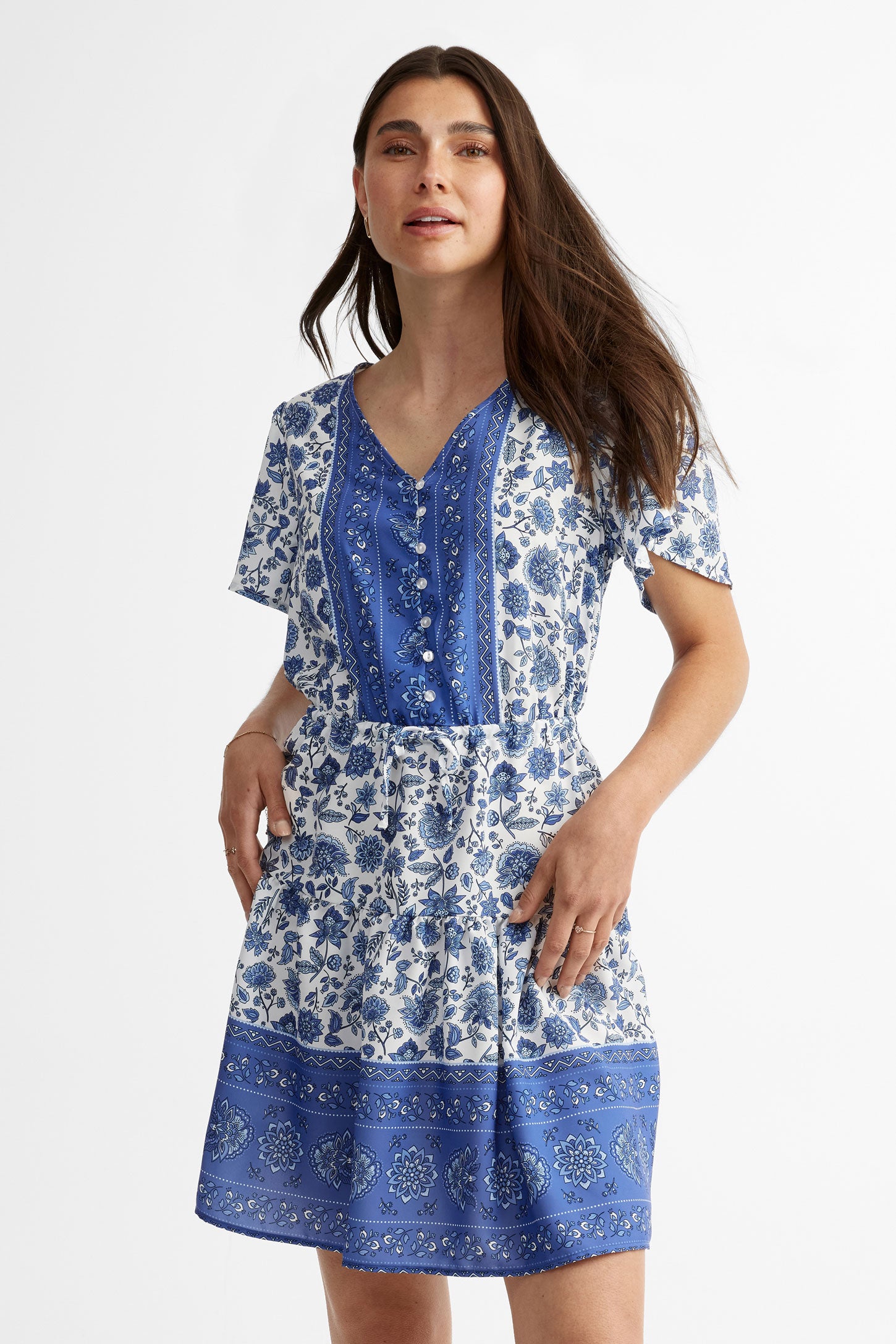 Robe courte col en V imprimée en challis - Femme && BLANC MULTI