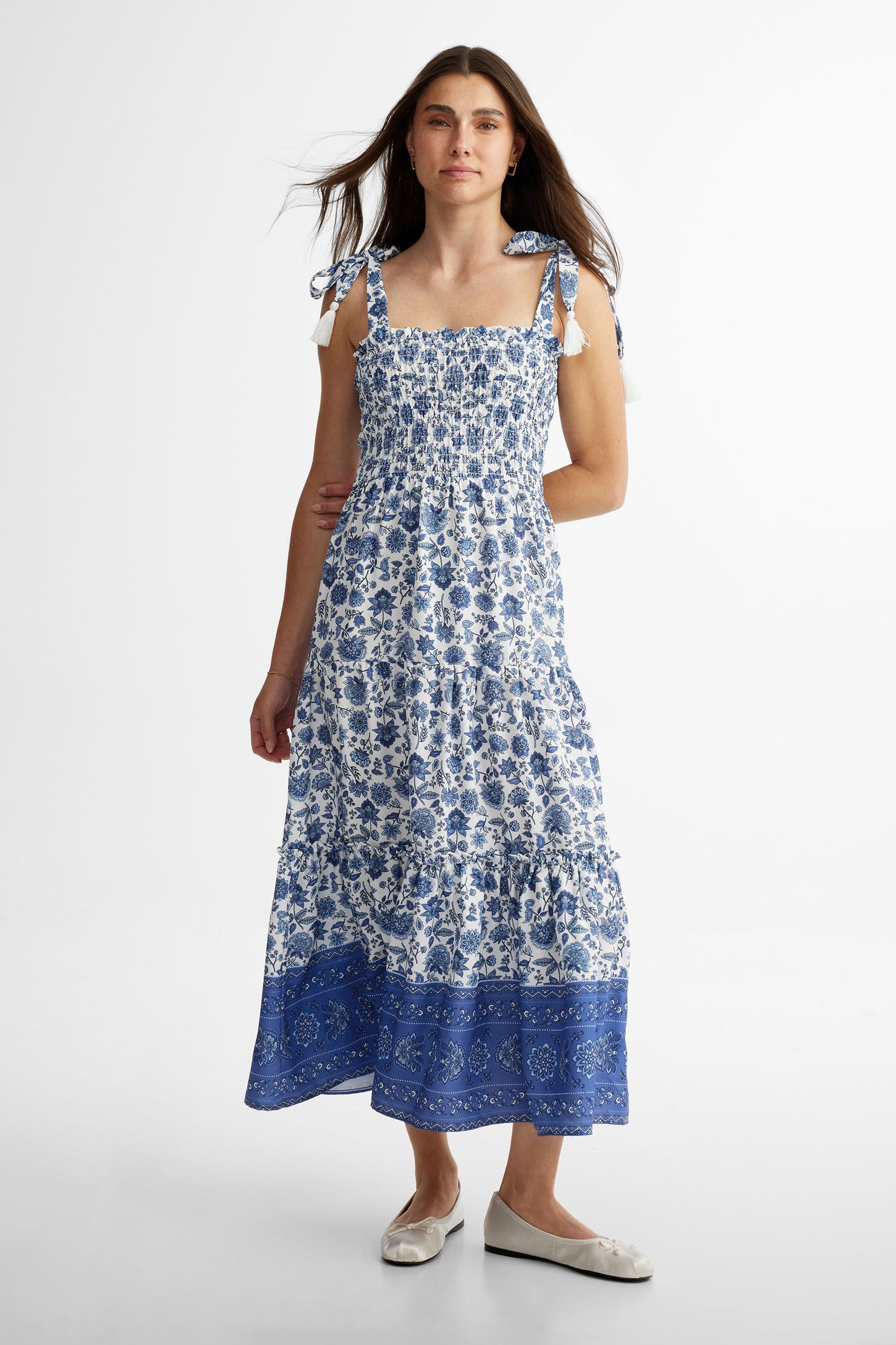 Robe longue à volants étagés - Femme && BLANC MULTI