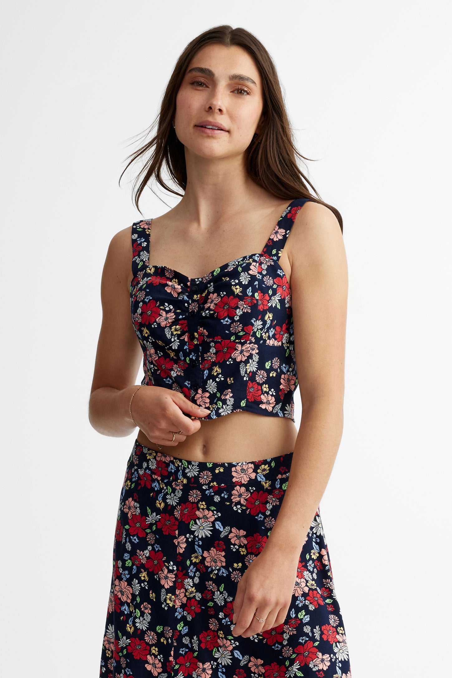 Camisole col en coeur écourtée imprimé floral - Femme && BLEU MARINE MUL