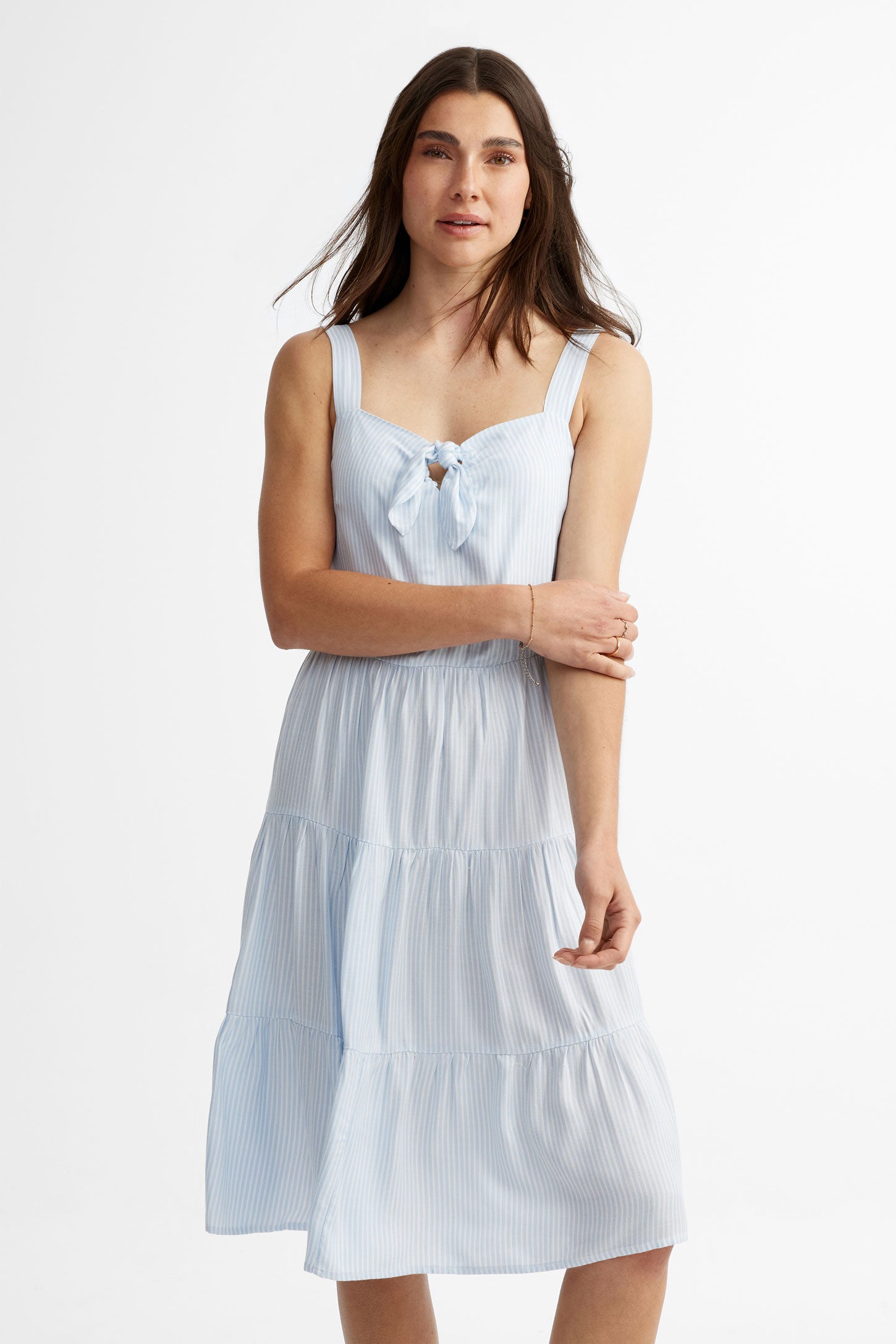 Robe encolure en cœur noué volants étagés - Femme && BLEU MULTI
