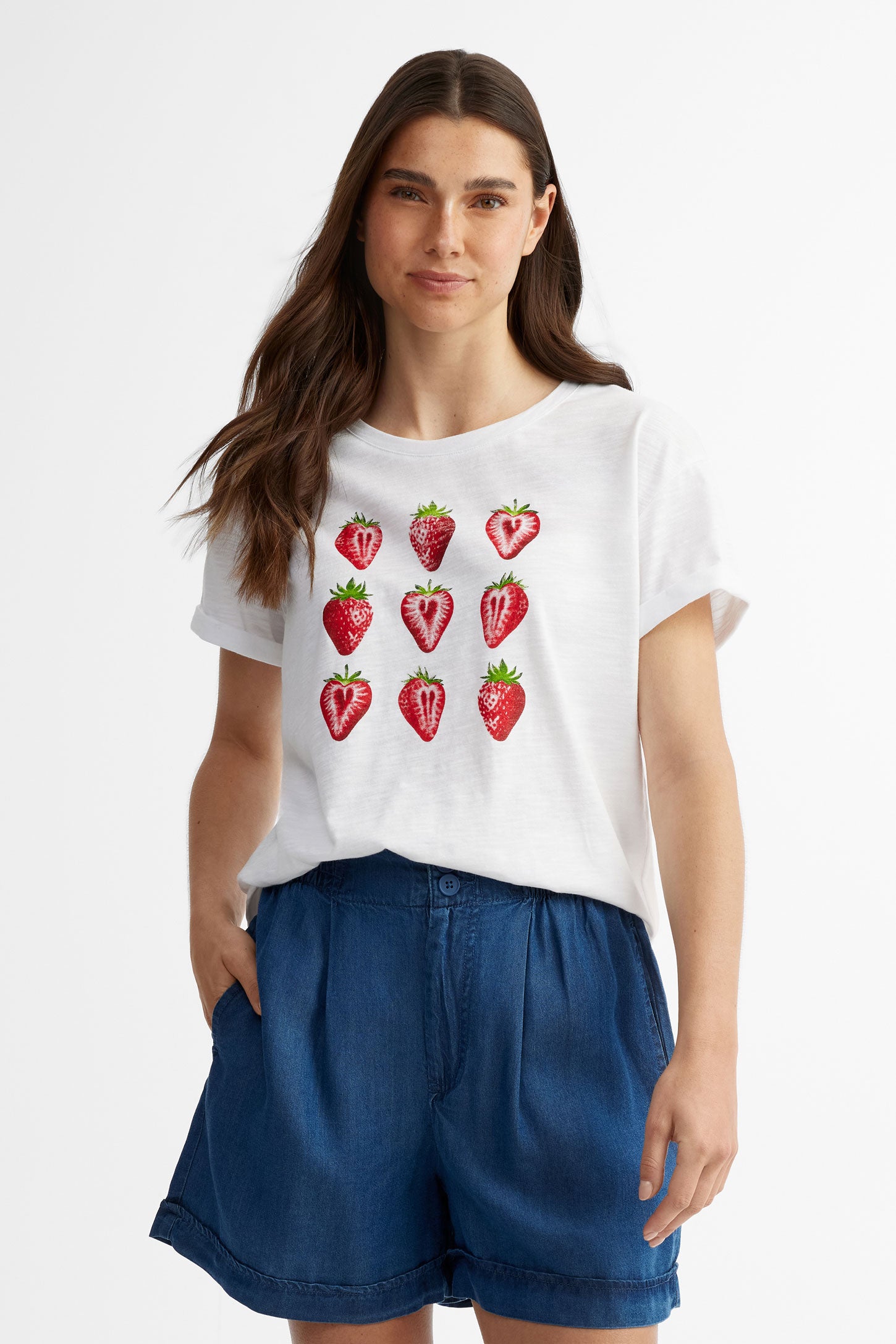 T-shirt col rond coupe ample imprimé en coton - Femme && BLANC