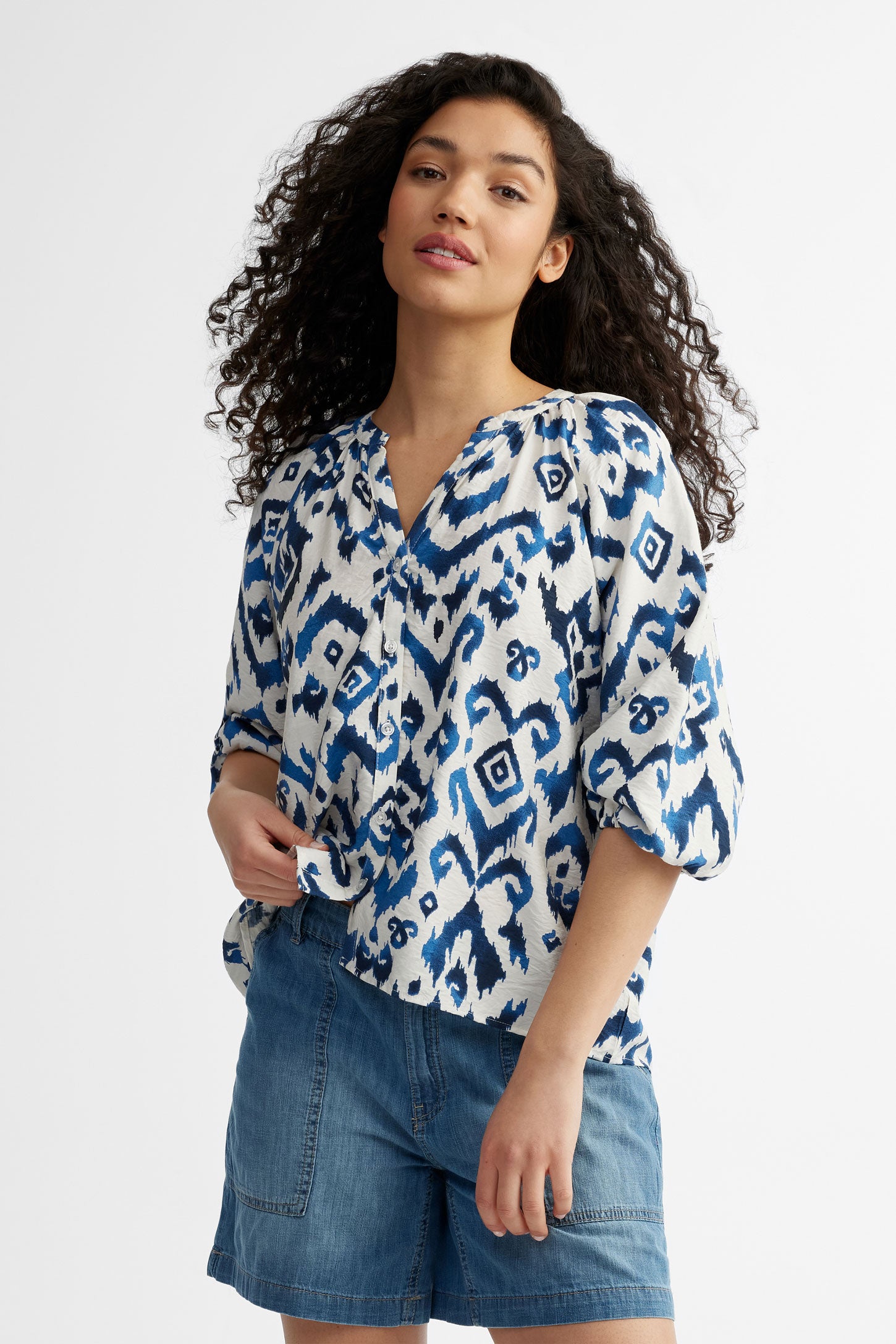 Chemisier manches bouffantes 3/4 - Femme && BLANC MULTI