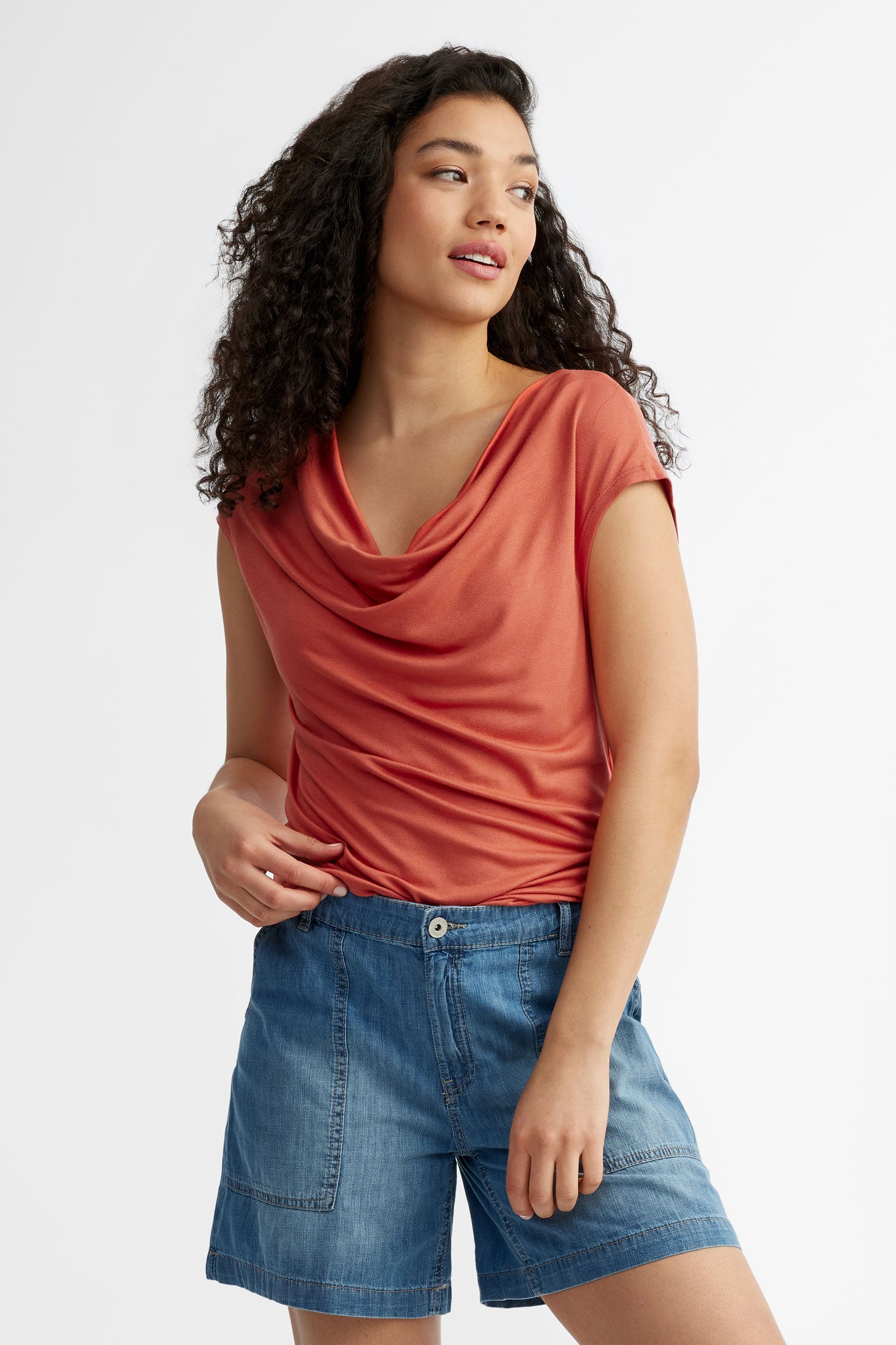 T-shirt col drapé - Femme && ORANGE