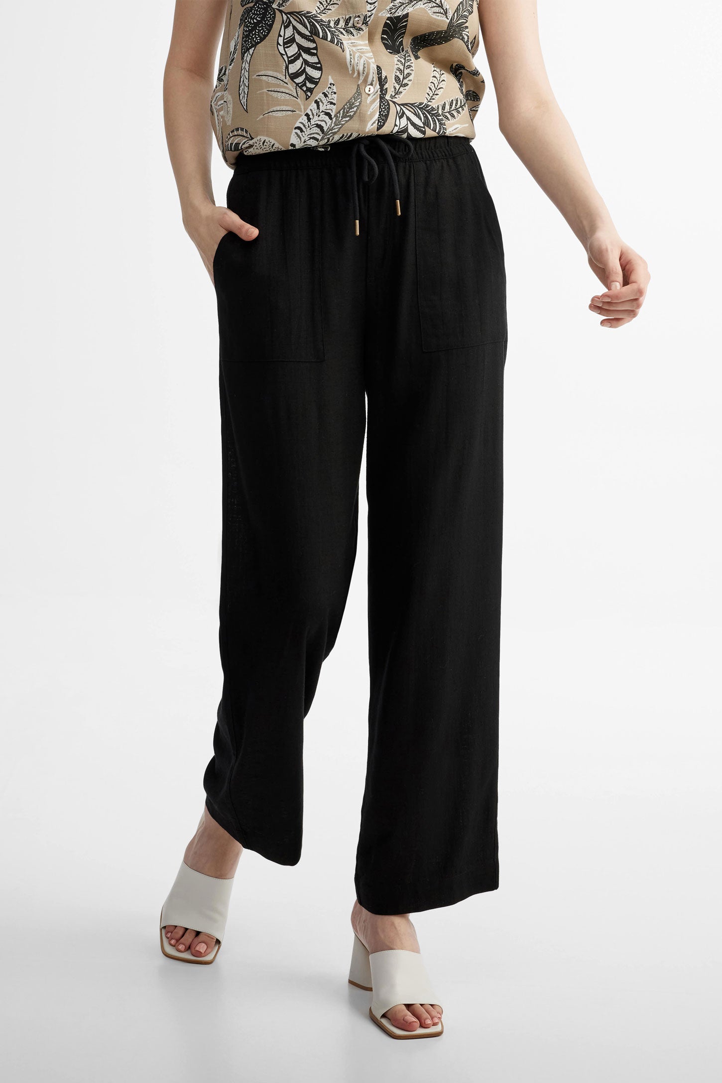 Pantalon taille élastique jambe large lin - Femme && NOIR