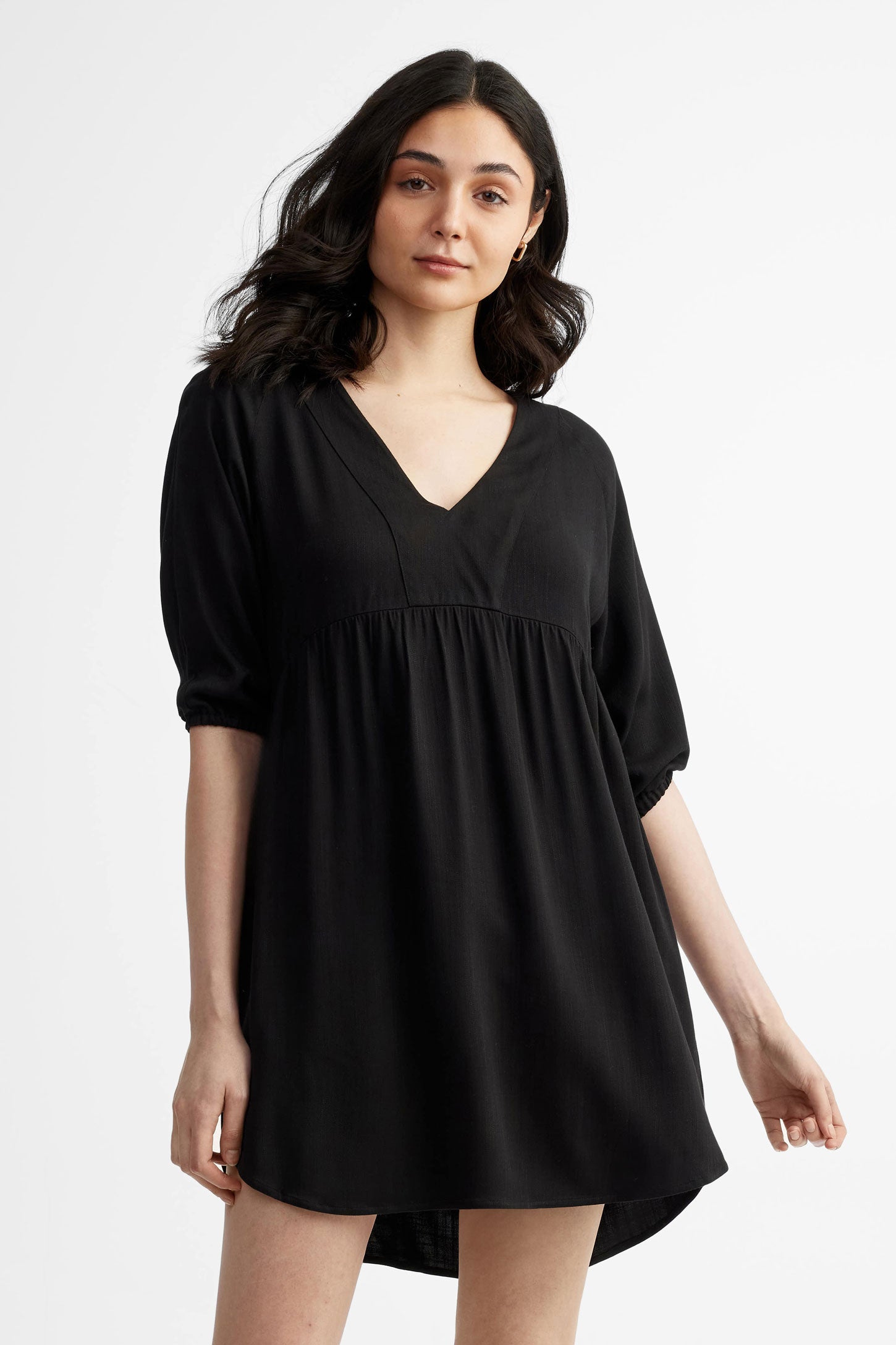 Robe col en V manches 3/4 bouffantes - Femme && NOIR