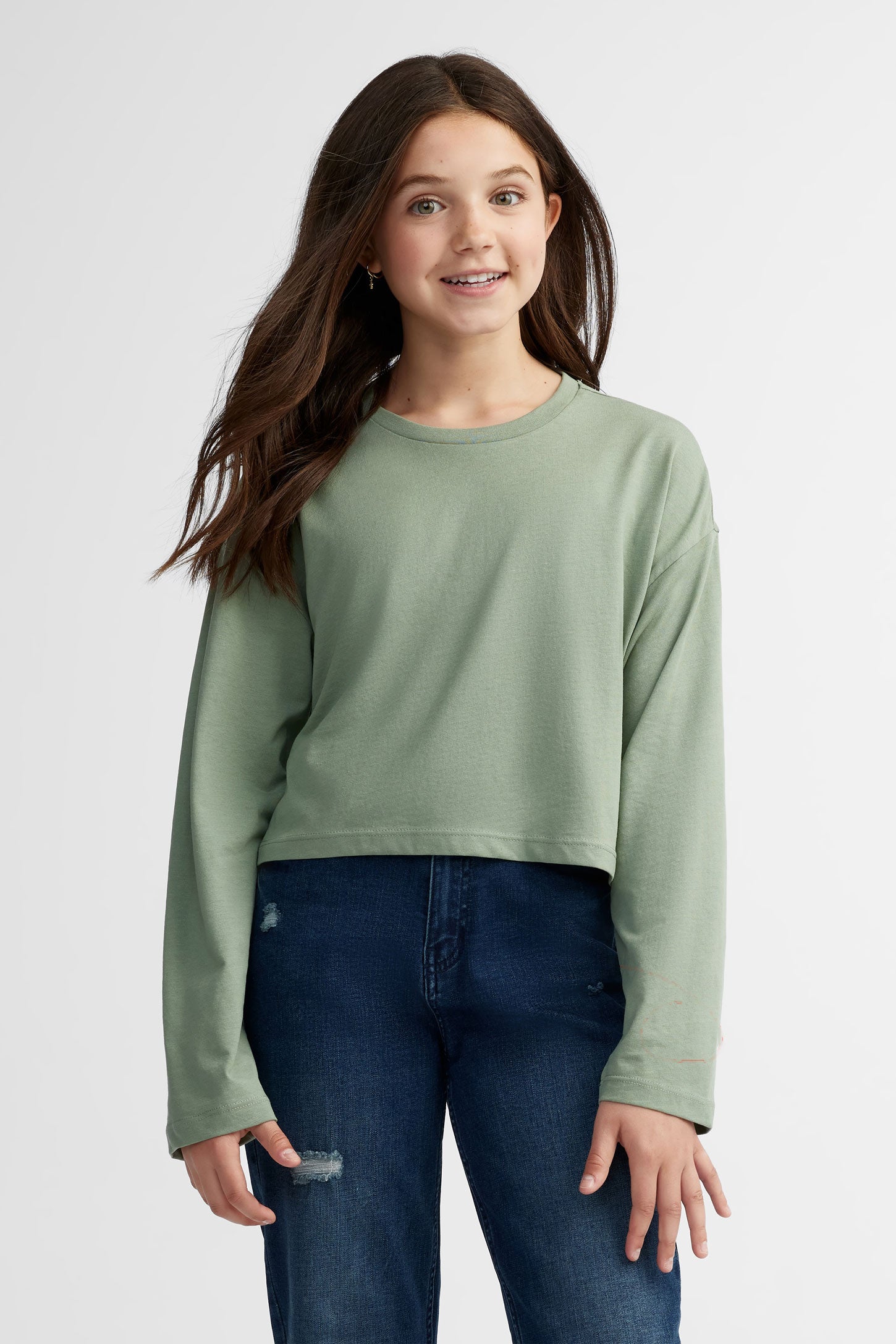 Chandail manches longues coupe écourtée coton - Ado fille && VERT