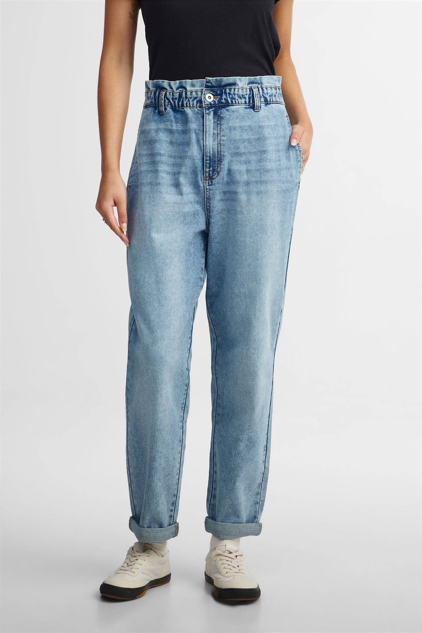 Jeans mi-taille ''paperbag'' - Femme && DENIM PALE
