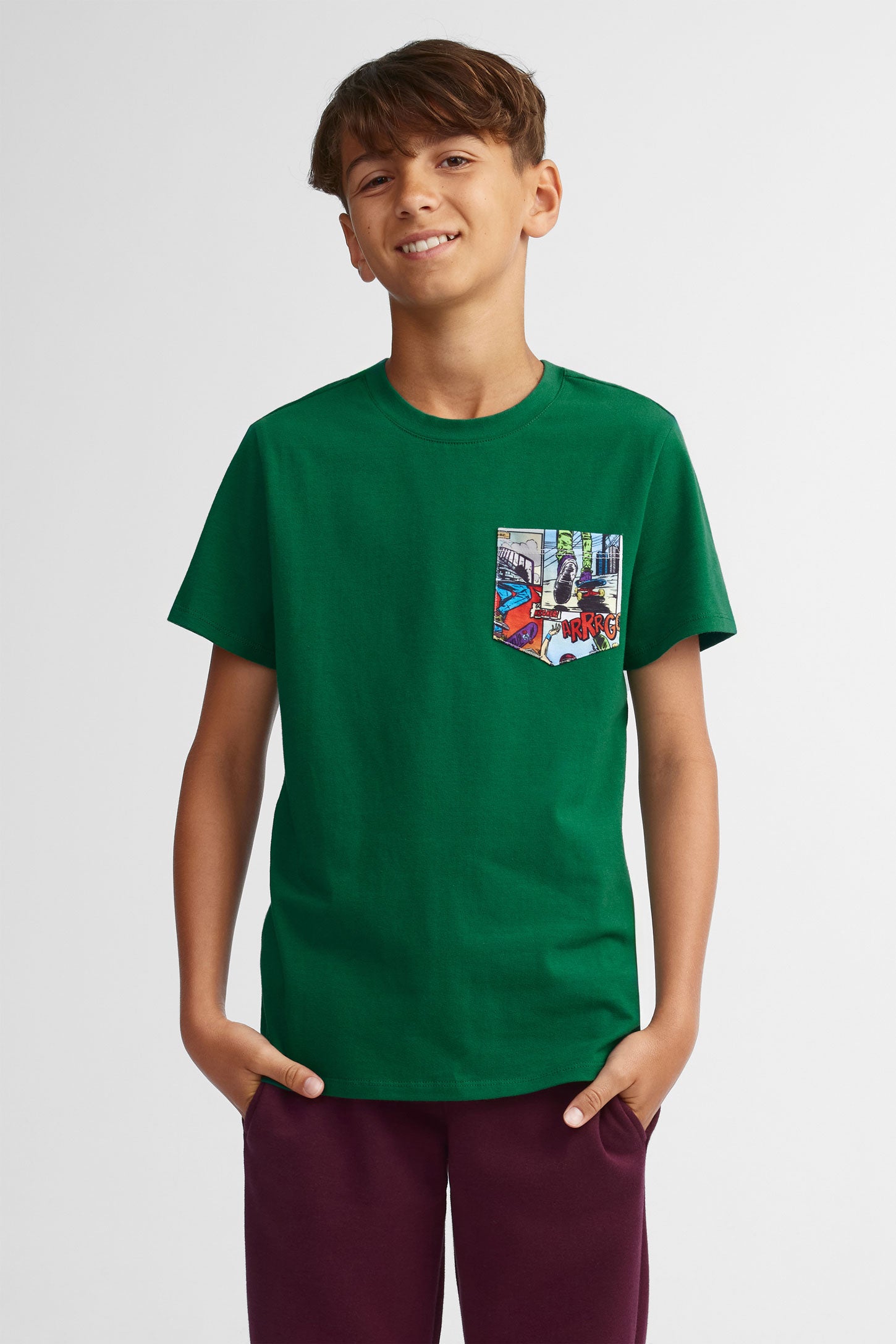 T-shirt col rond coupe droite en coton, 2/25$ - Ado garçon && VERT