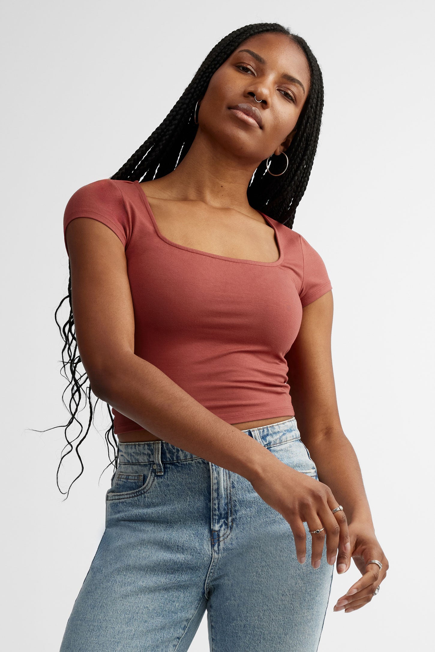 T-shirt côtelé col carrée en coton - Femme && ROUGE