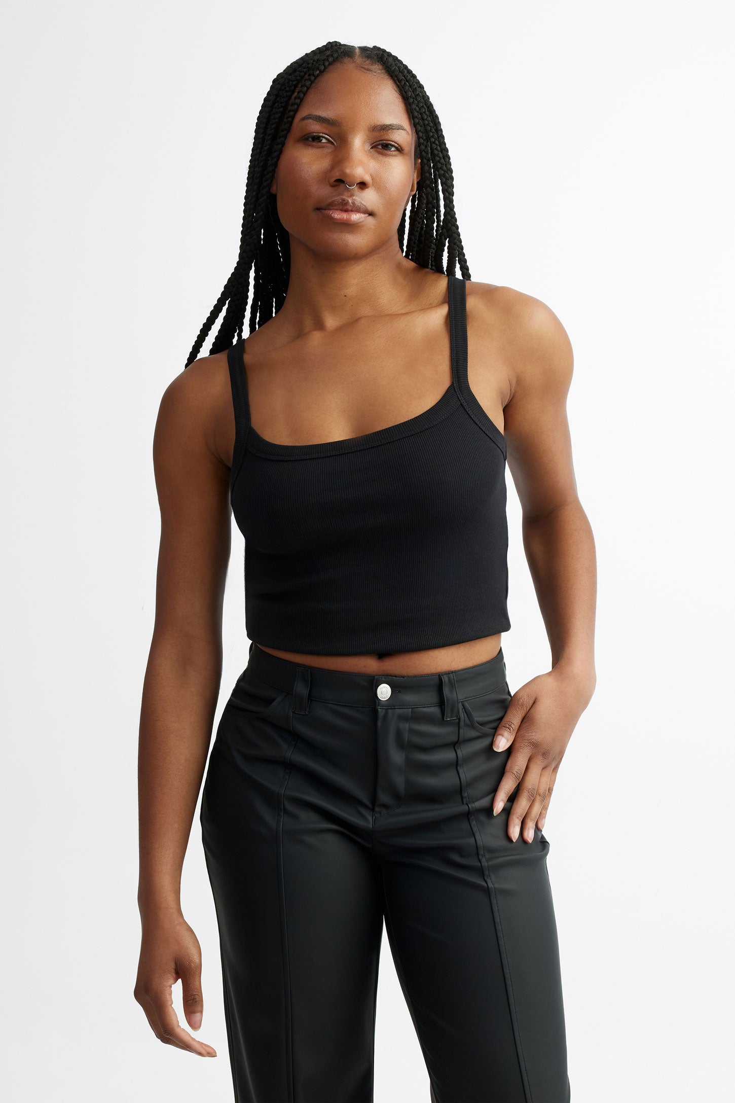 Camisole côtelée ajustée en coton - Femme && NOIR