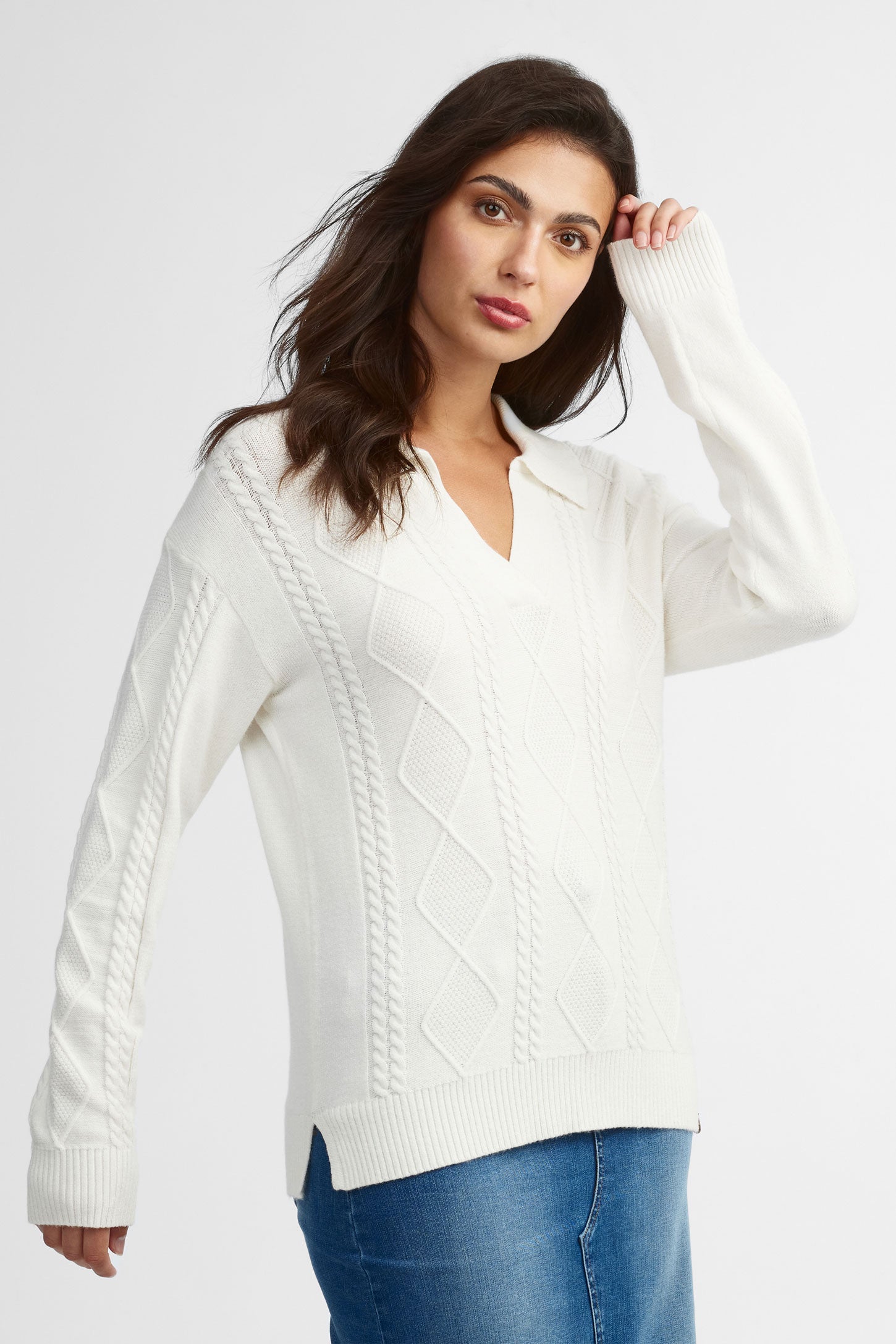 Chandail col Johnny en maille torsadée - Femme
&& BLANC CASSÉ