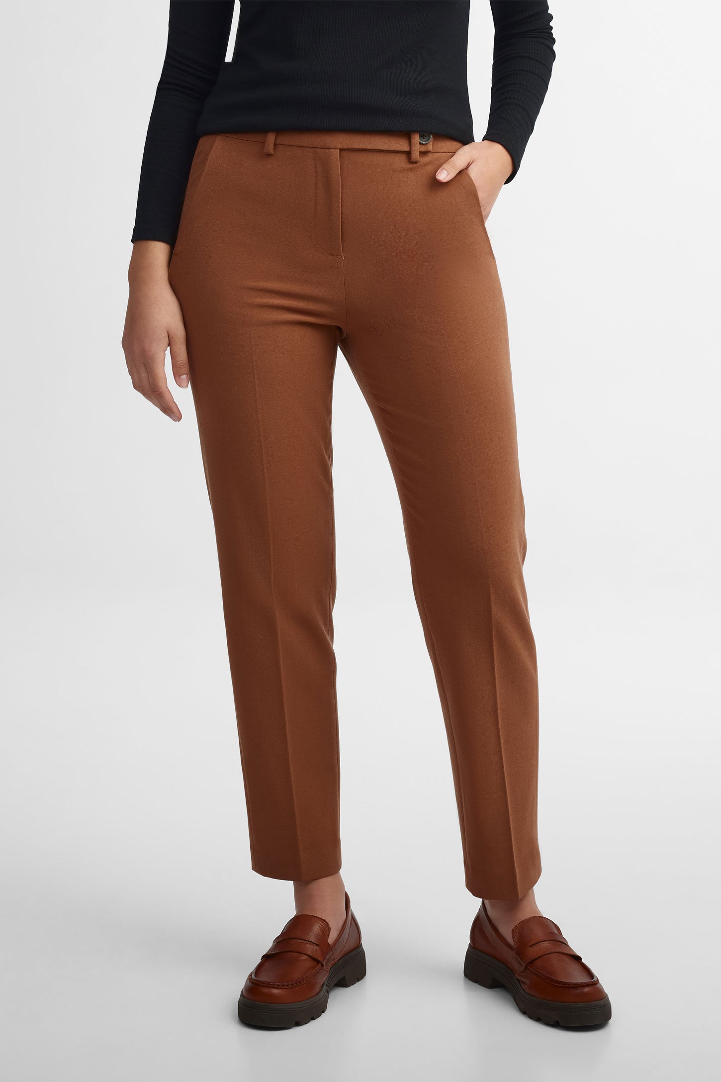 Pantalon taille haute jambe fuselée - Femme && BRUN