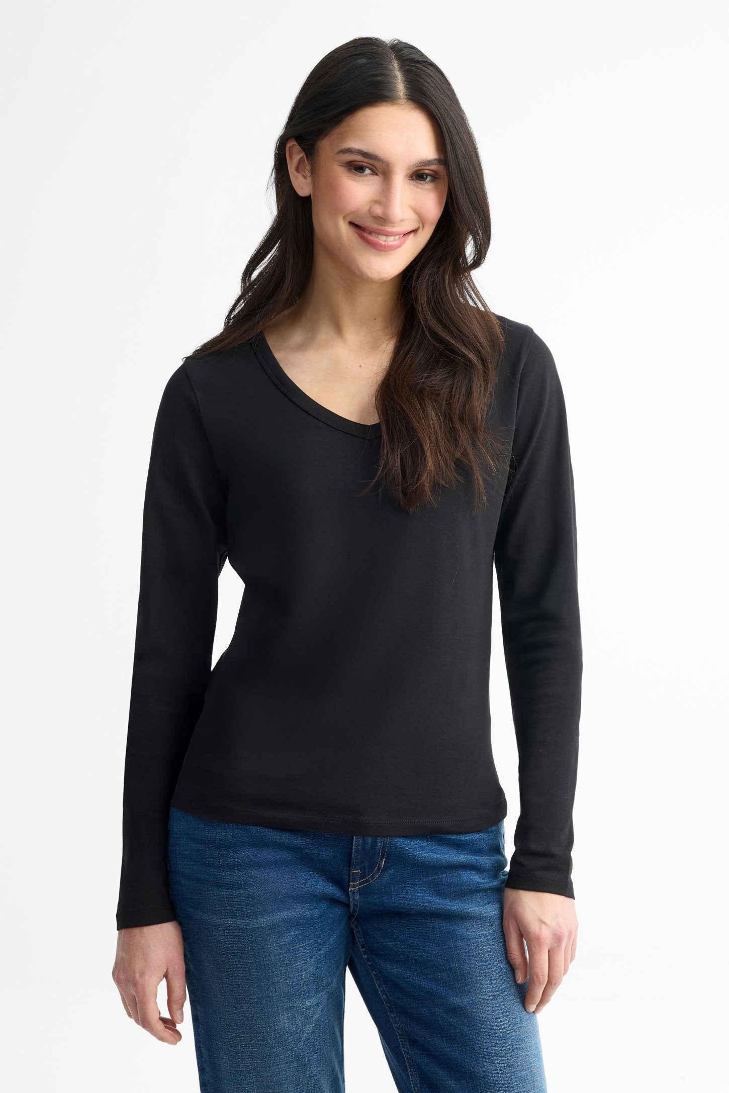 Chandail col en V manches longues coton - Femme && NOIR
