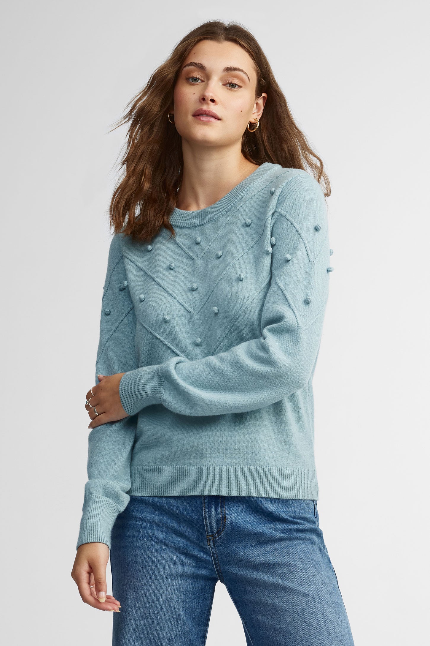 Chandail col rond tricot texturé - Femme && BLEU