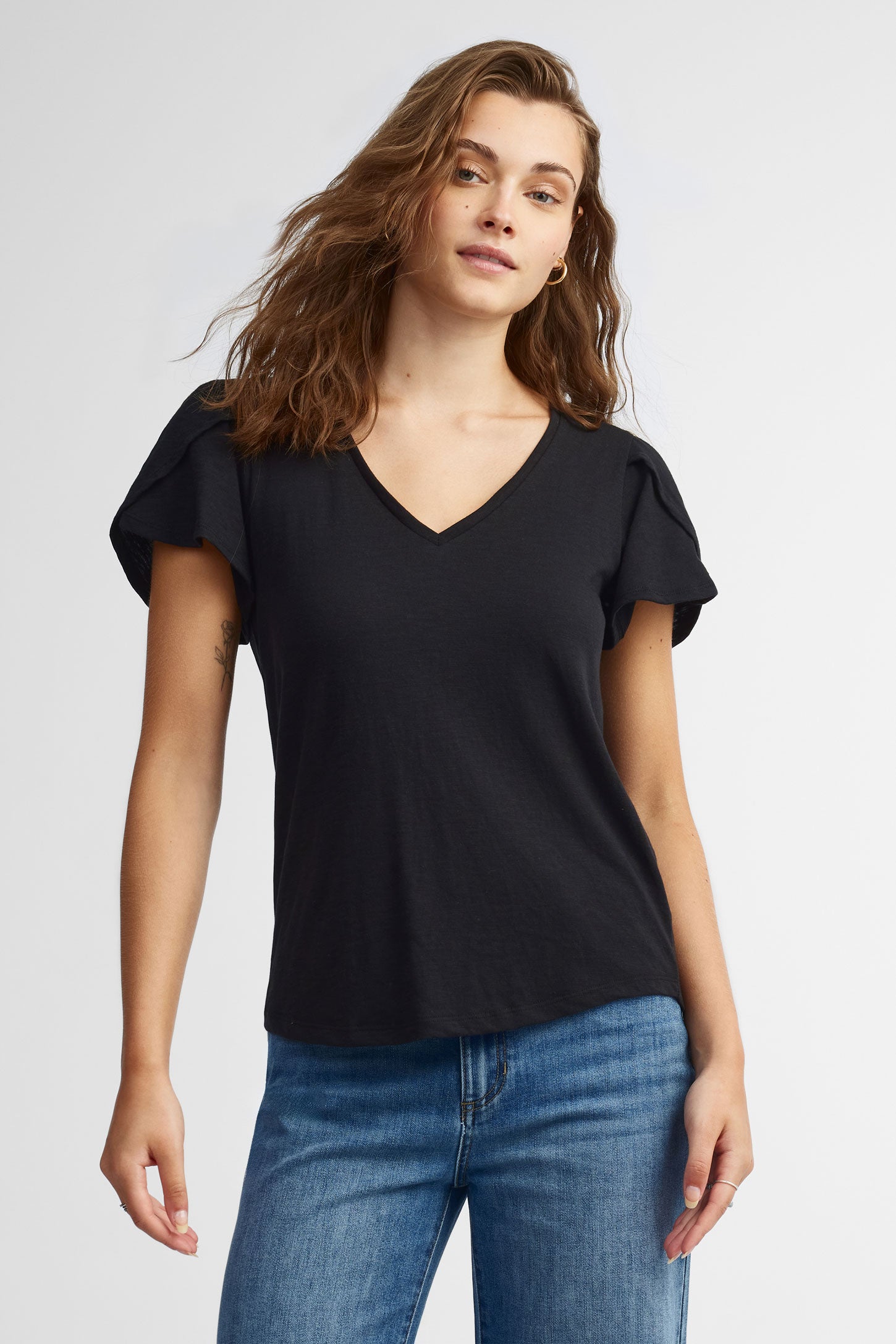 T-shirt col en V manches courtes tulipe coton - Femme && NOIR