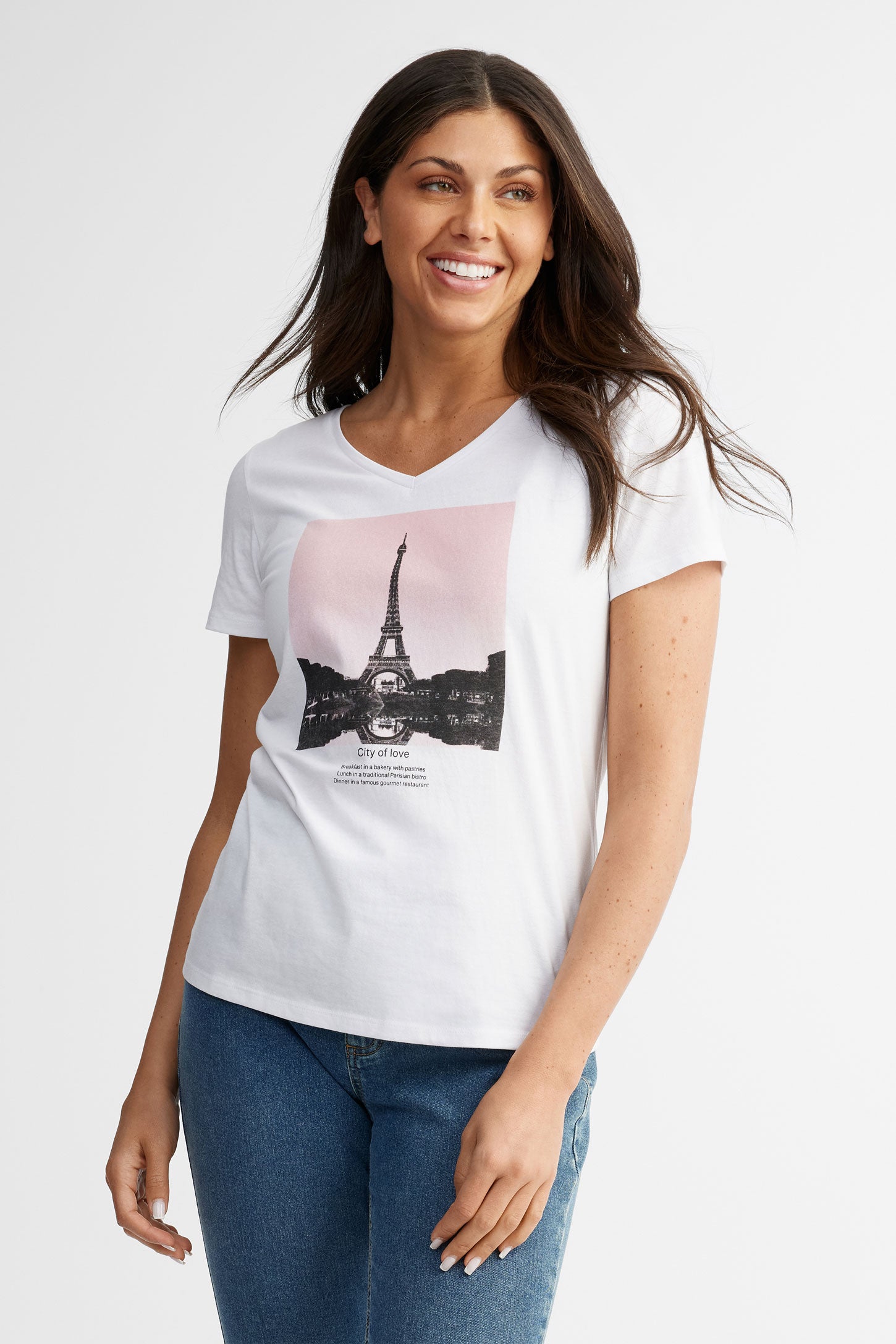 T-shirt col en V coton, 2/30$ - Femme && BLANC