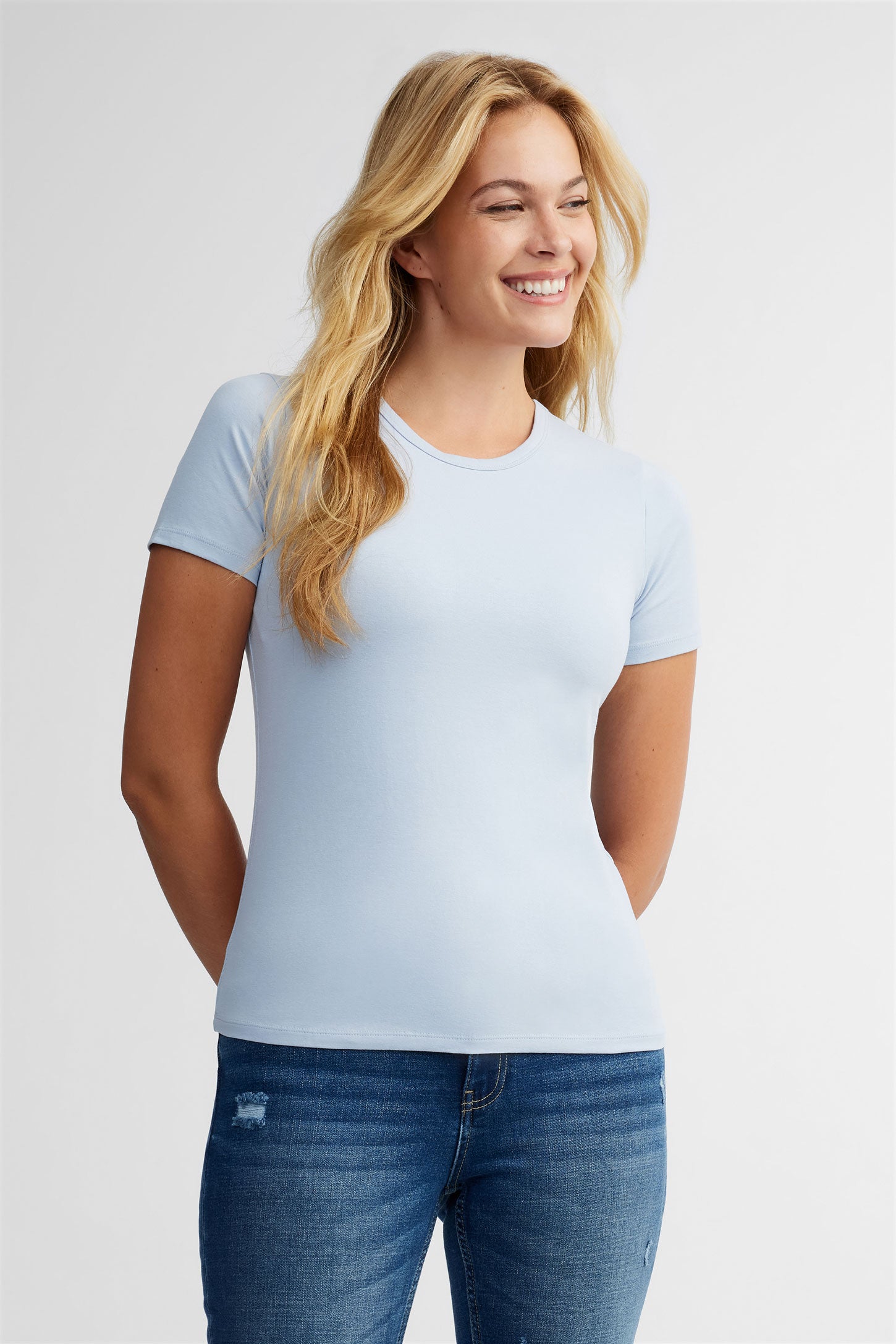 T-shirt col rond coton - Femme && BLEU PALE