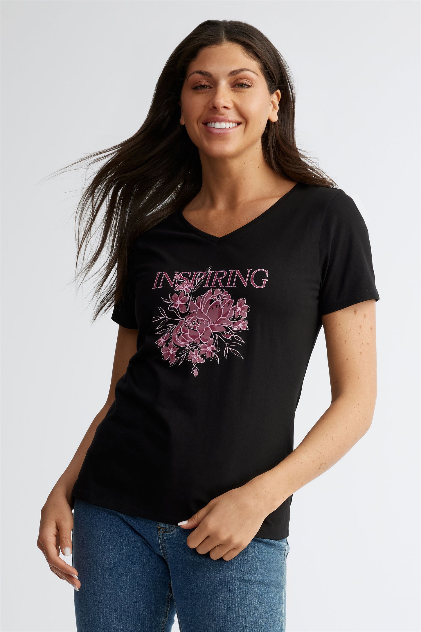 T-shirt col en V coton, 2/30$ - Femme && NOIR