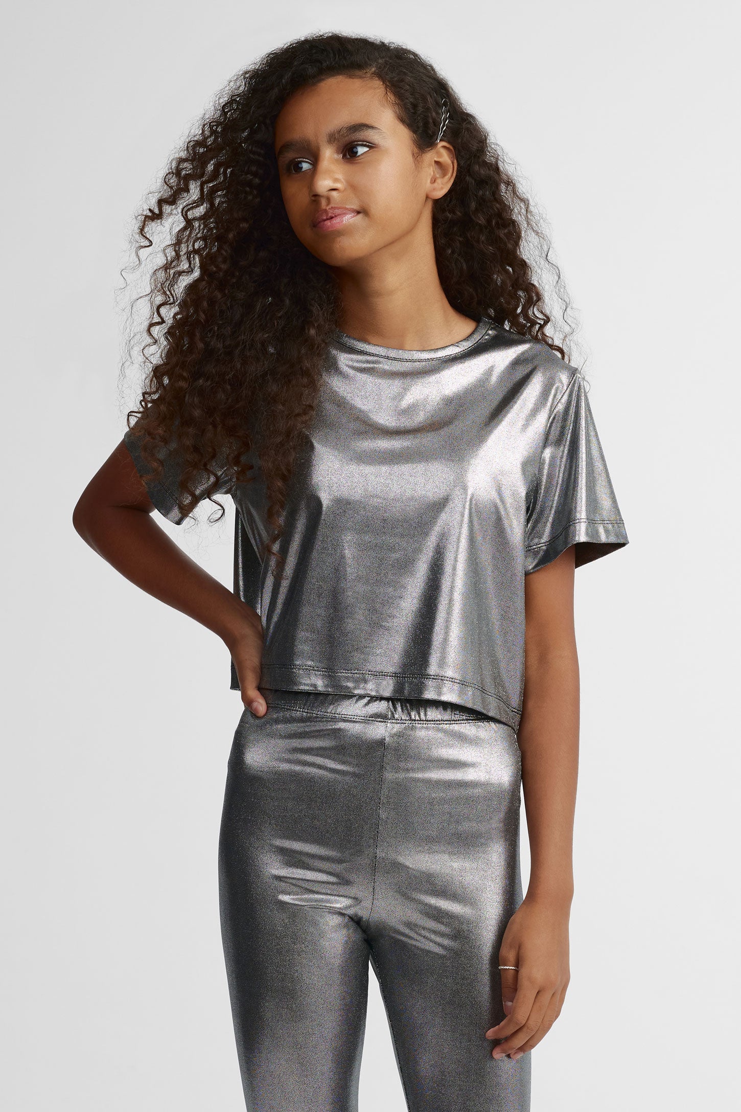 T-shirt col rond métallique - Ado fille && NOIR