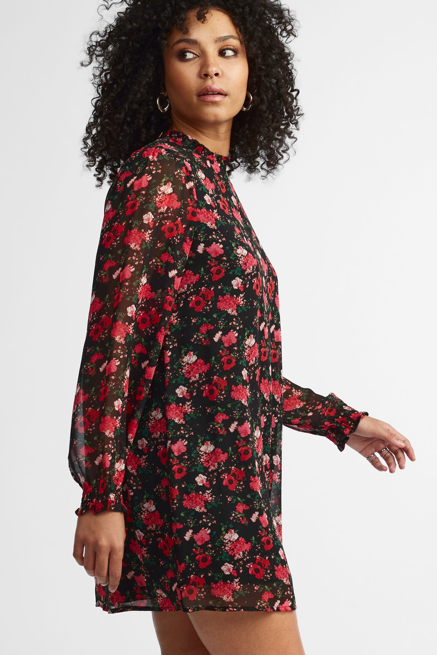 Robe,Robe vintage à imprimé floral pour femme,col en V,manches longues